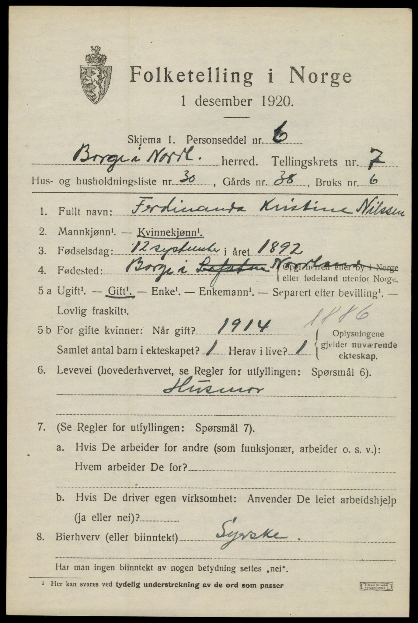 SAT, 1920 census for Borge, 1920, p. 6747