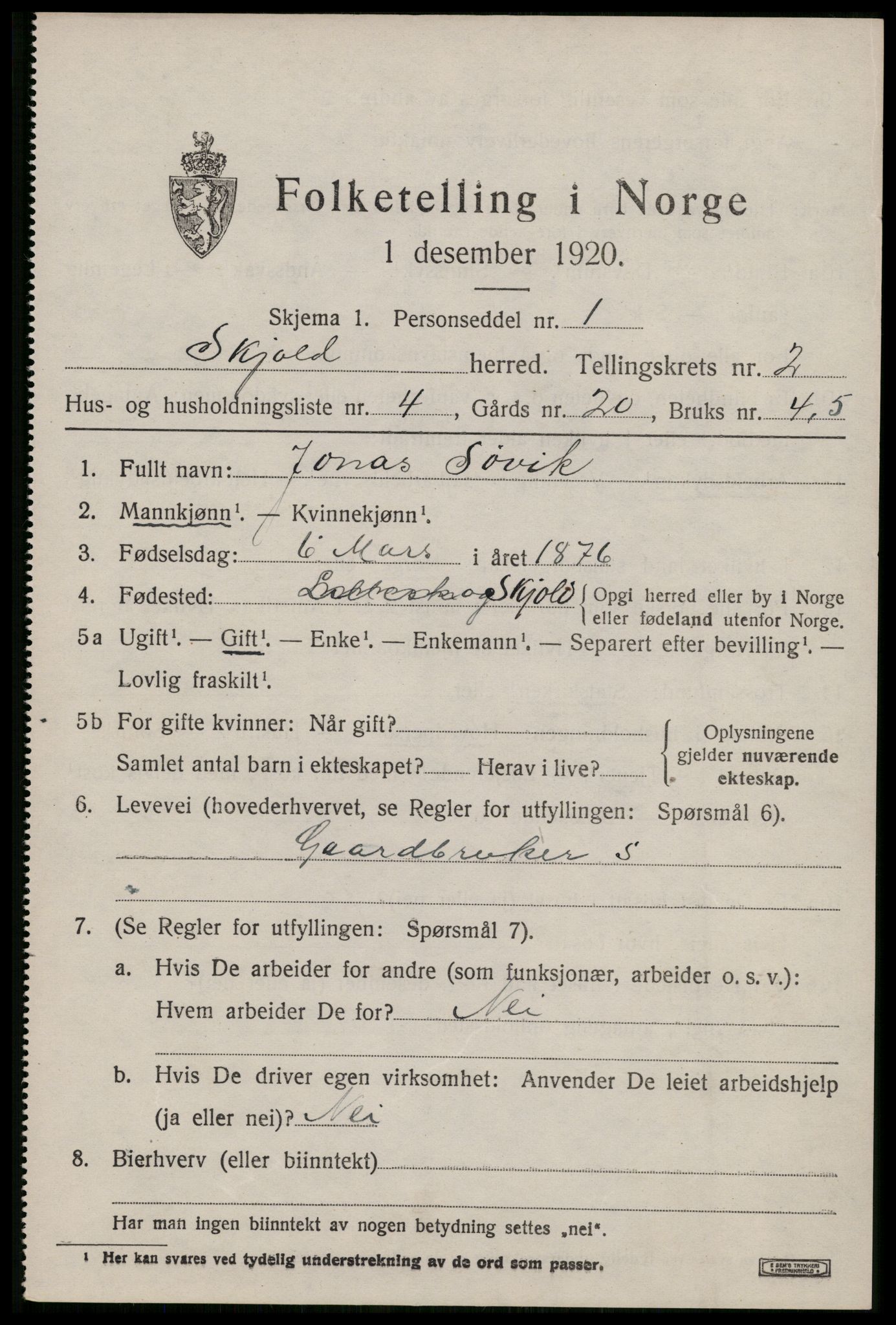 SAST, 1920 census for Skjold, 1920, p. 1708