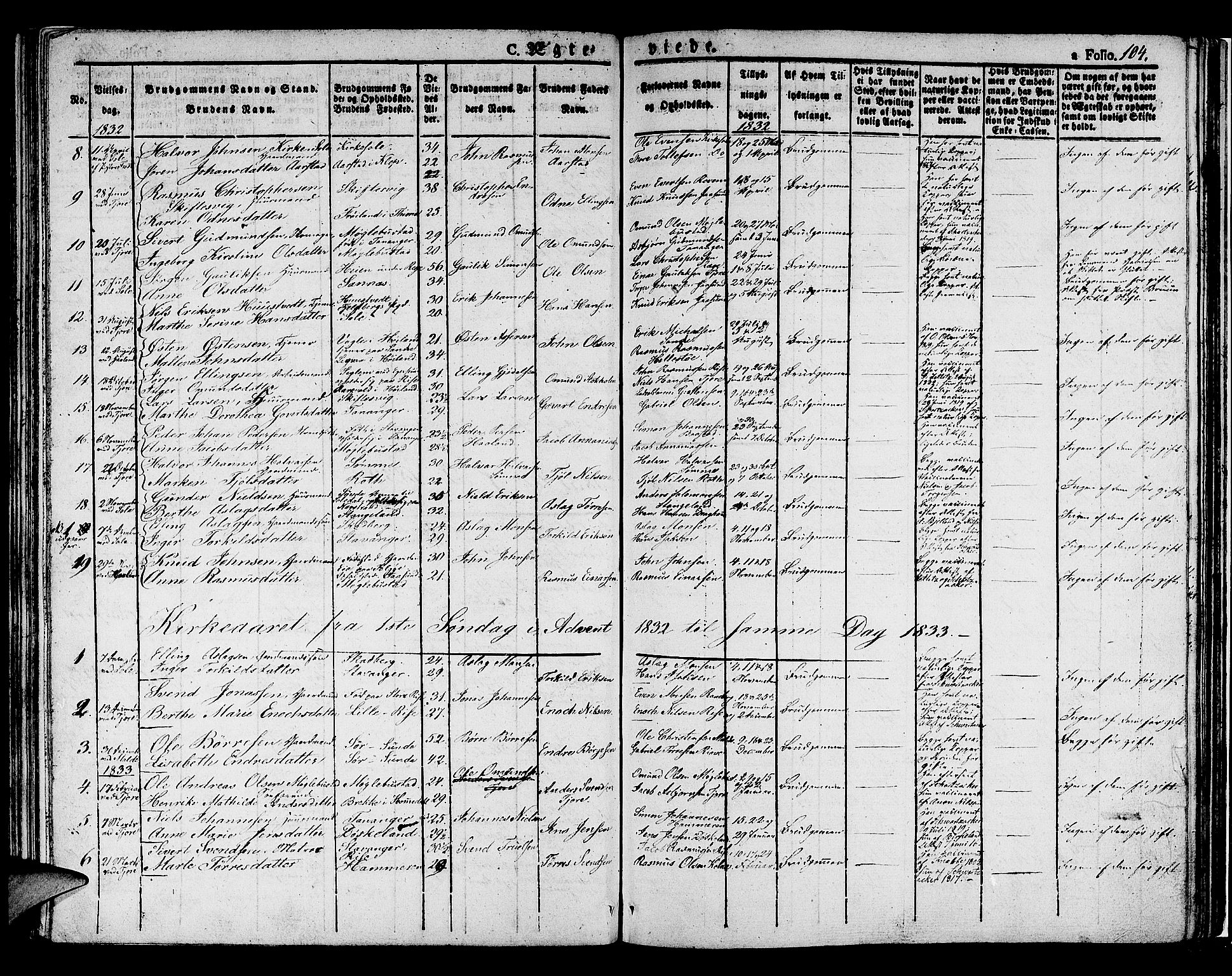 Håland sokneprestkontor, SAST/A-101802/001/30BA/L0005: Parish register (official) no. A 5, 1829-1841, p. 104