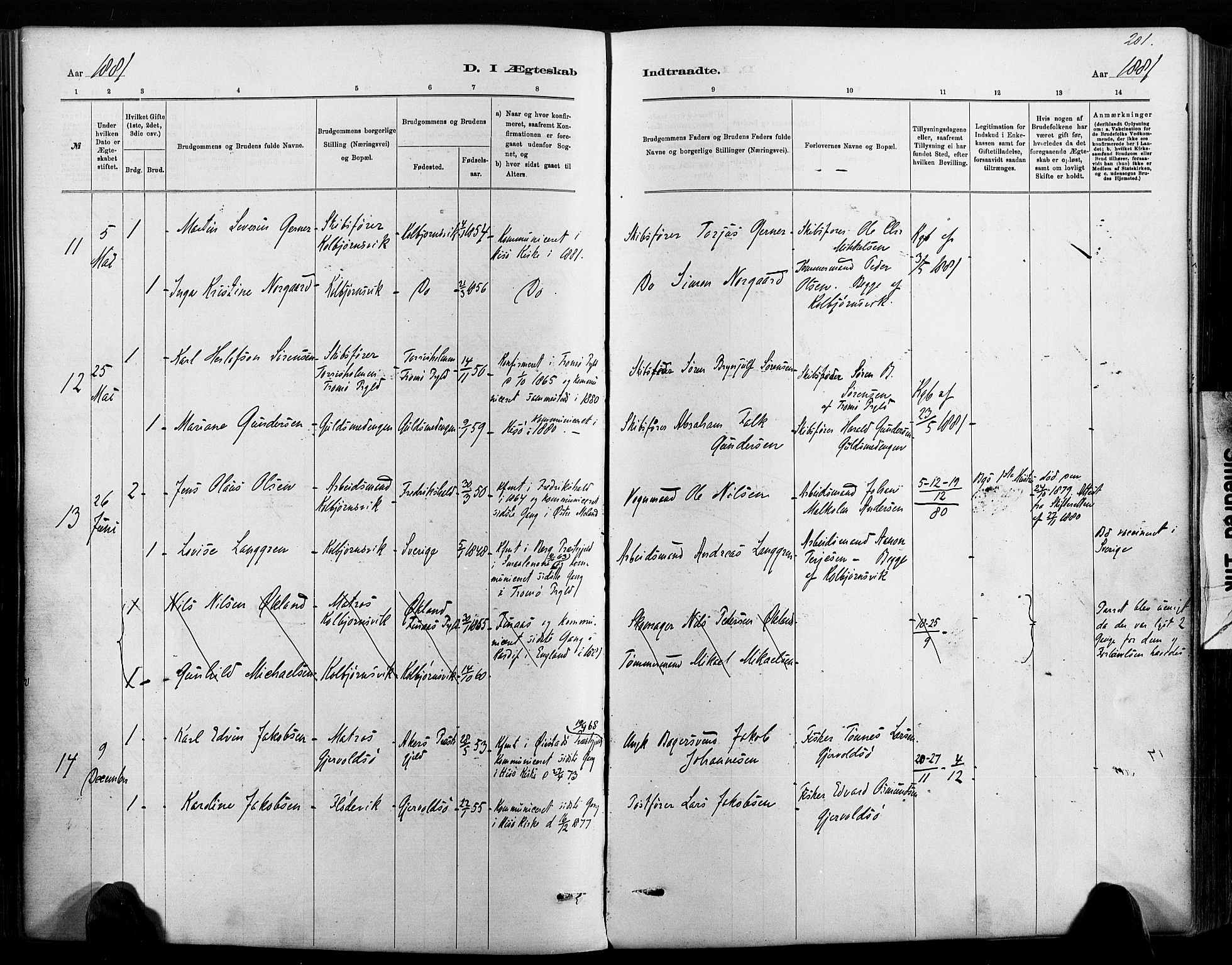 Hisøy sokneprestkontor, SAK/1111-0020/F/Fa/L0003: Parish register (official) no. A 3, 1881-1894, p. 201