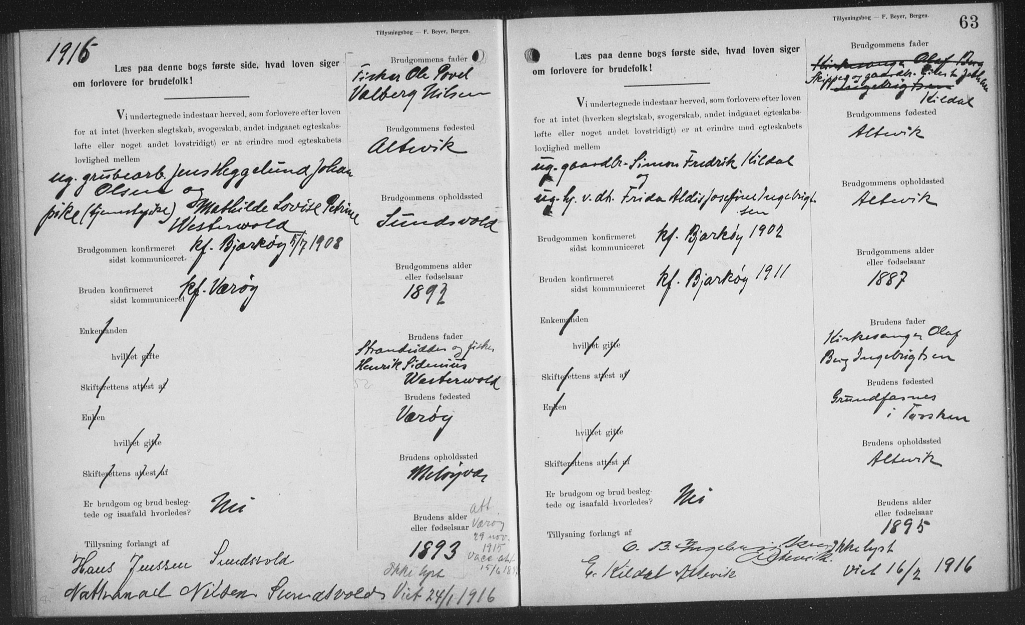 Sand/Bjarkøy sokneprestkontor, SATØ/S-0811/J/Jb/L0024: Banns register no. 24, 1905-1917, p. 63