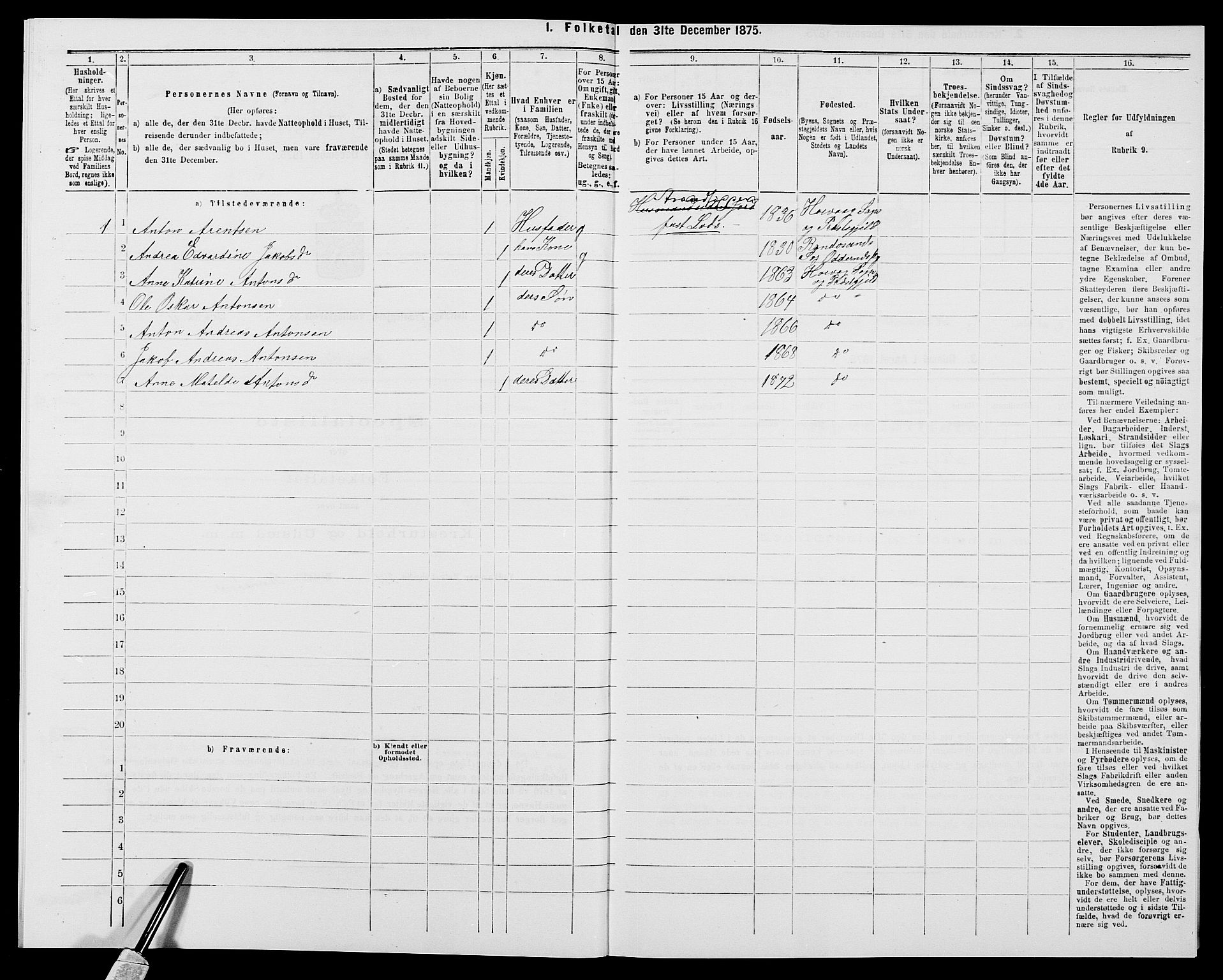 SAK, 1875 census for 0927P Høvåg, 1875, p. 620