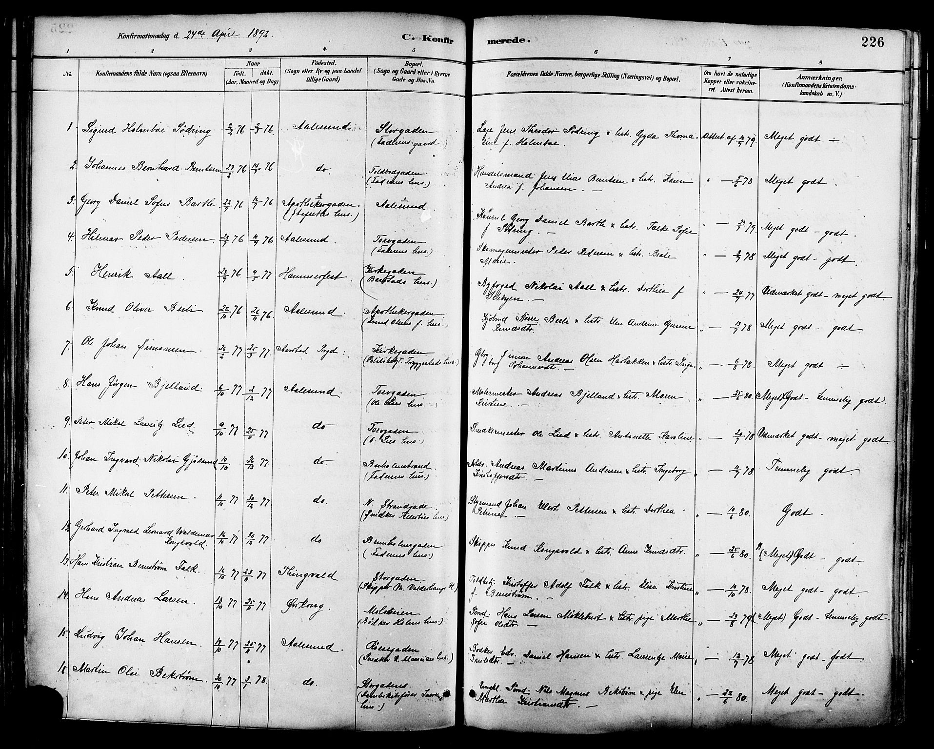 Ministerialprotokoller, klokkerbøker og fødselsregistre - Møre og Romsdal, SAT/A-1454/529/L0455: Parish register (official) no. 529A05, 1885-1893, p. 226