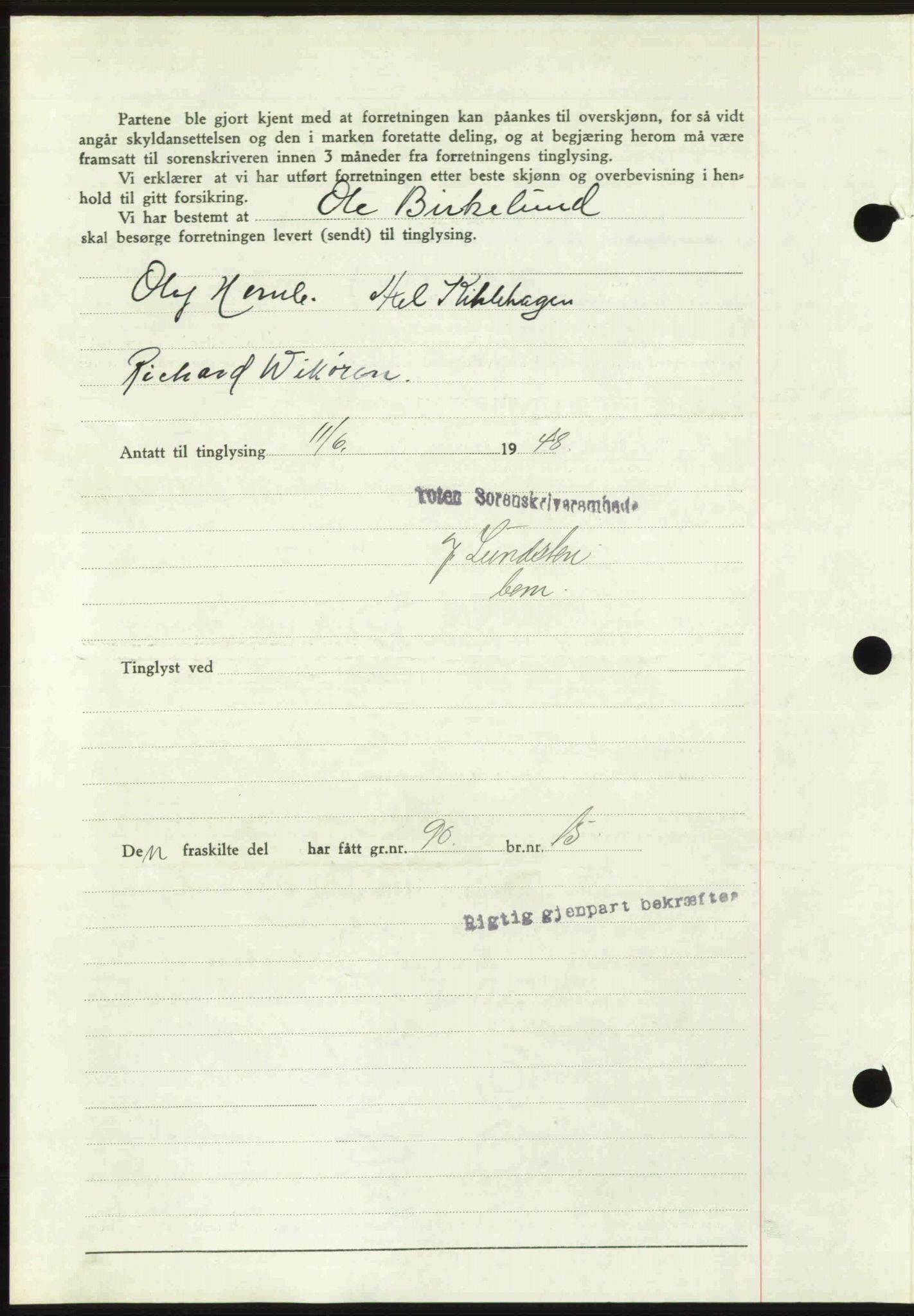 Toten tingrett, SAH/TING-006/H/Hb/Hbc/L0020: Mortgage book no. Hbc-20, 1948-1948, Diary no: : 1792/1948