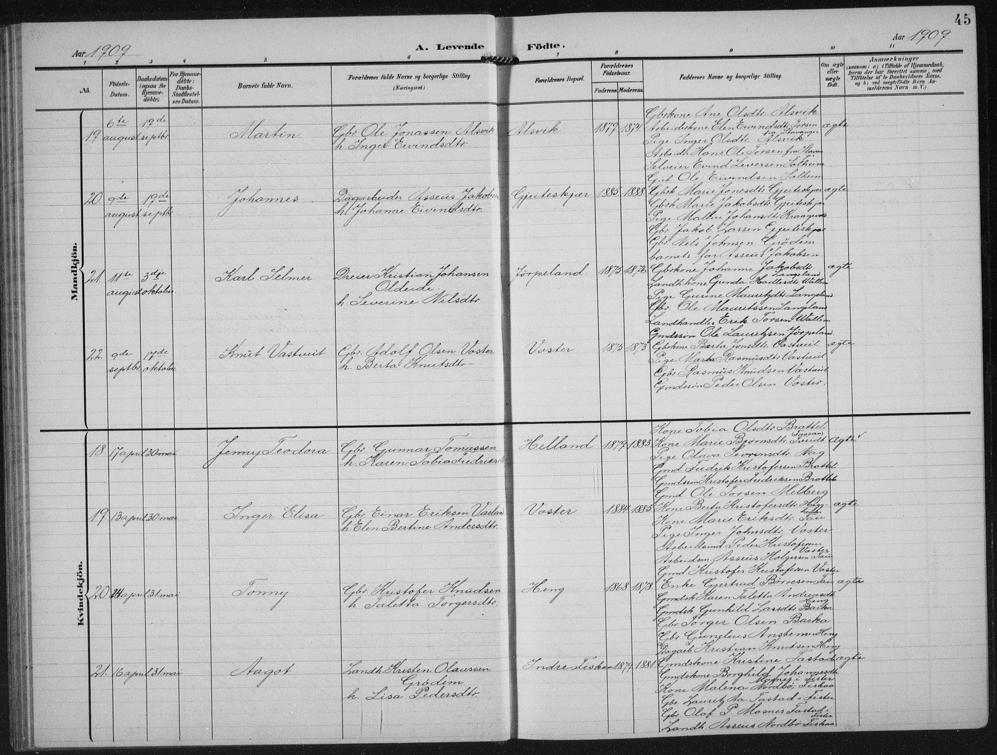 Strand sokneprestkontor, AV/SAST-A-101828/H/Ha/Hab/L0005: Parish register (copy) no. B 5, 1904-1934, p. 45