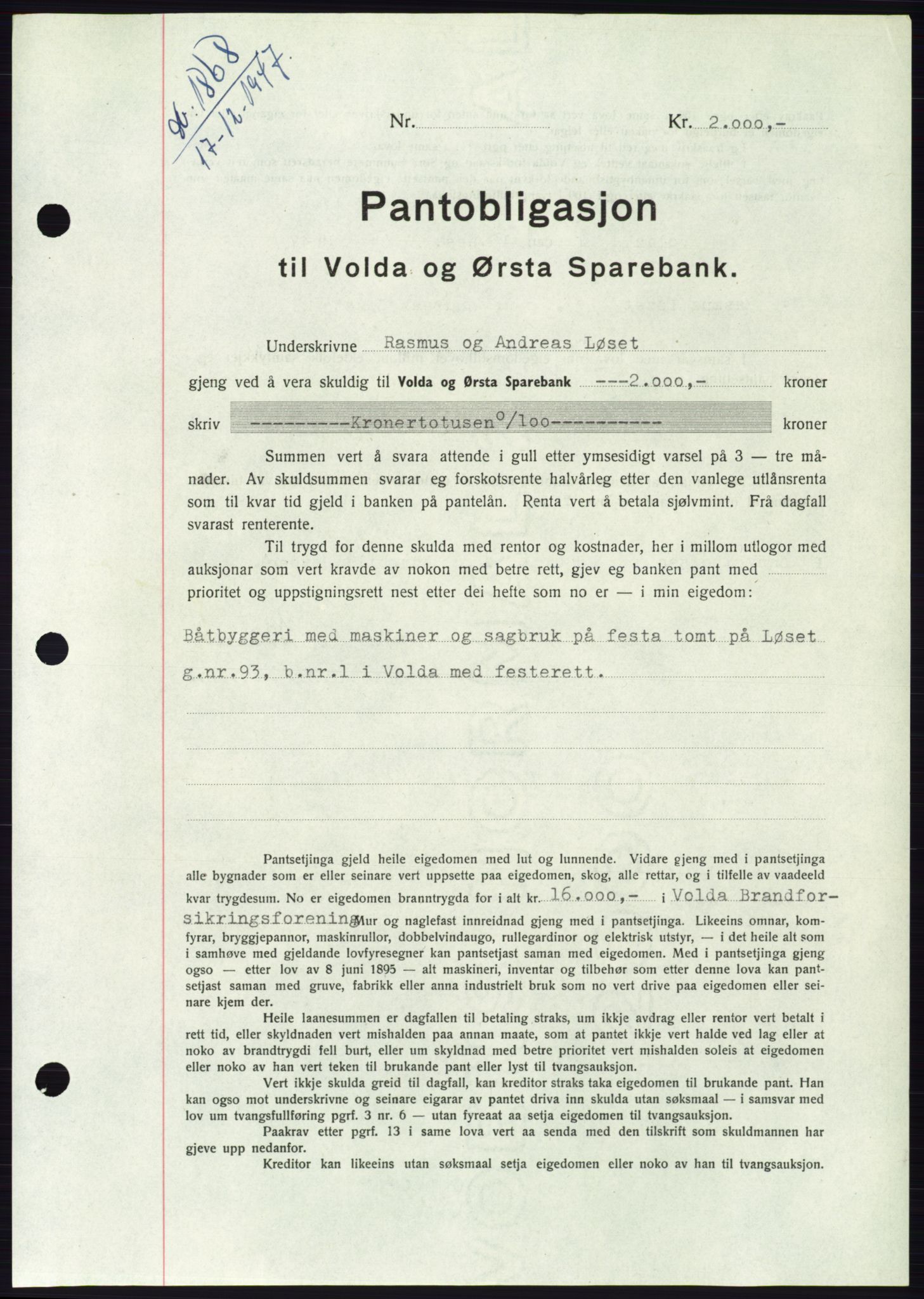 Søre Sunnmøre sorenskriveri, AV/SAT-A-4122/1/2/2C/L0115: Mortgage book no. 3B, 1947-1948, Diary no: : 1868/1947