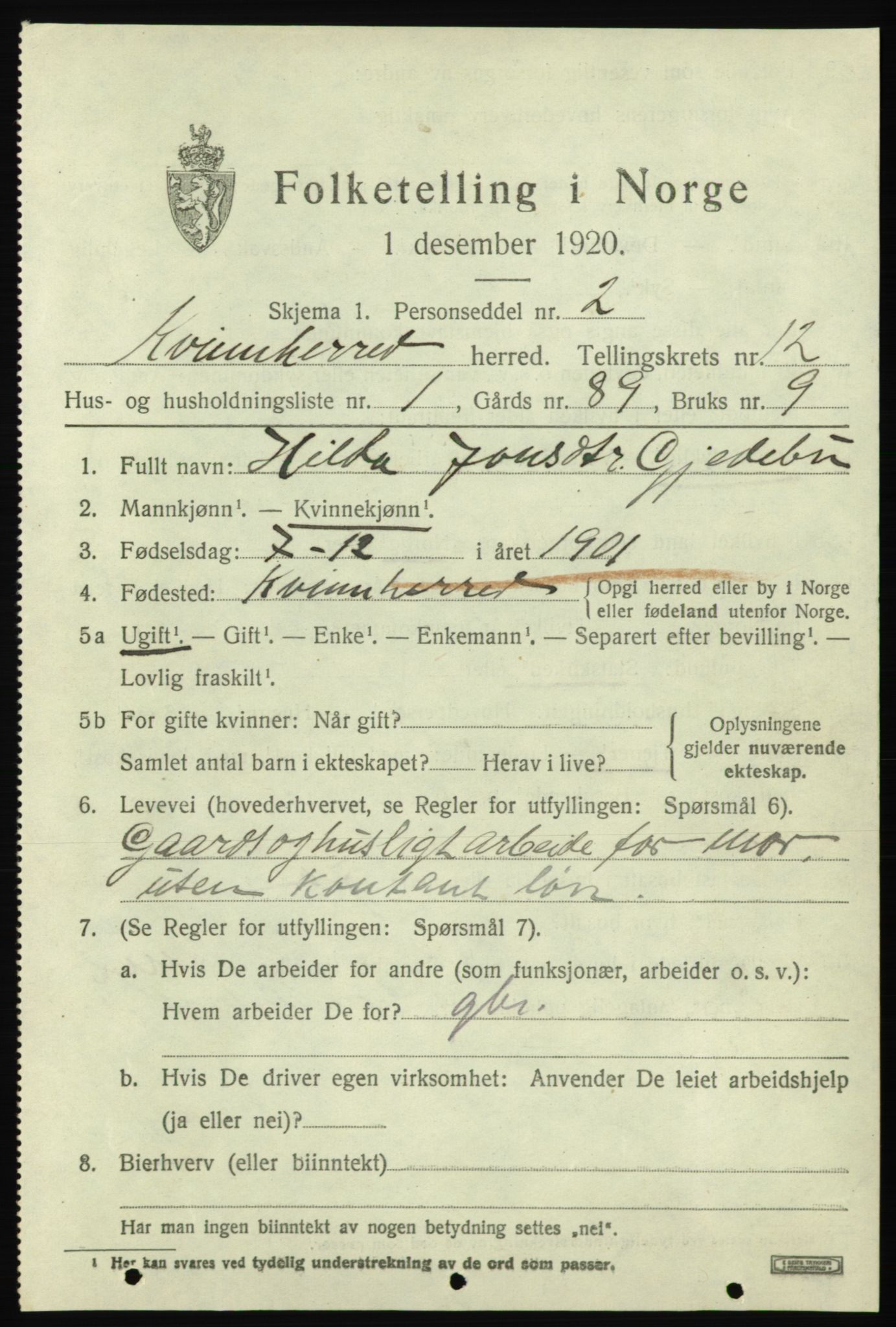 SAB, 1920 census for Kvinnherad, 1920, p. 7304