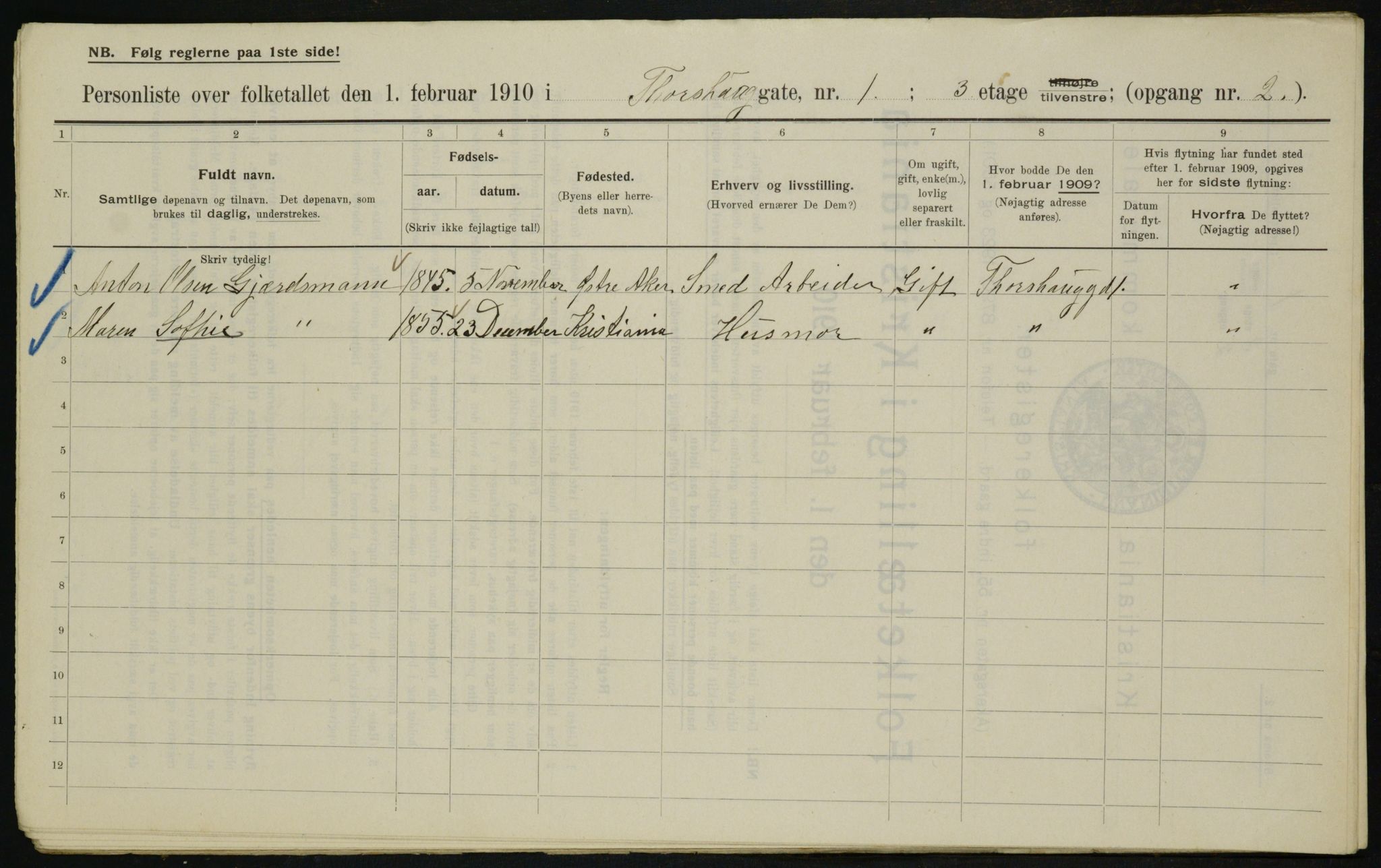 OBA, Municipal Census 1910 for Kristiania, 1910, p. 108595