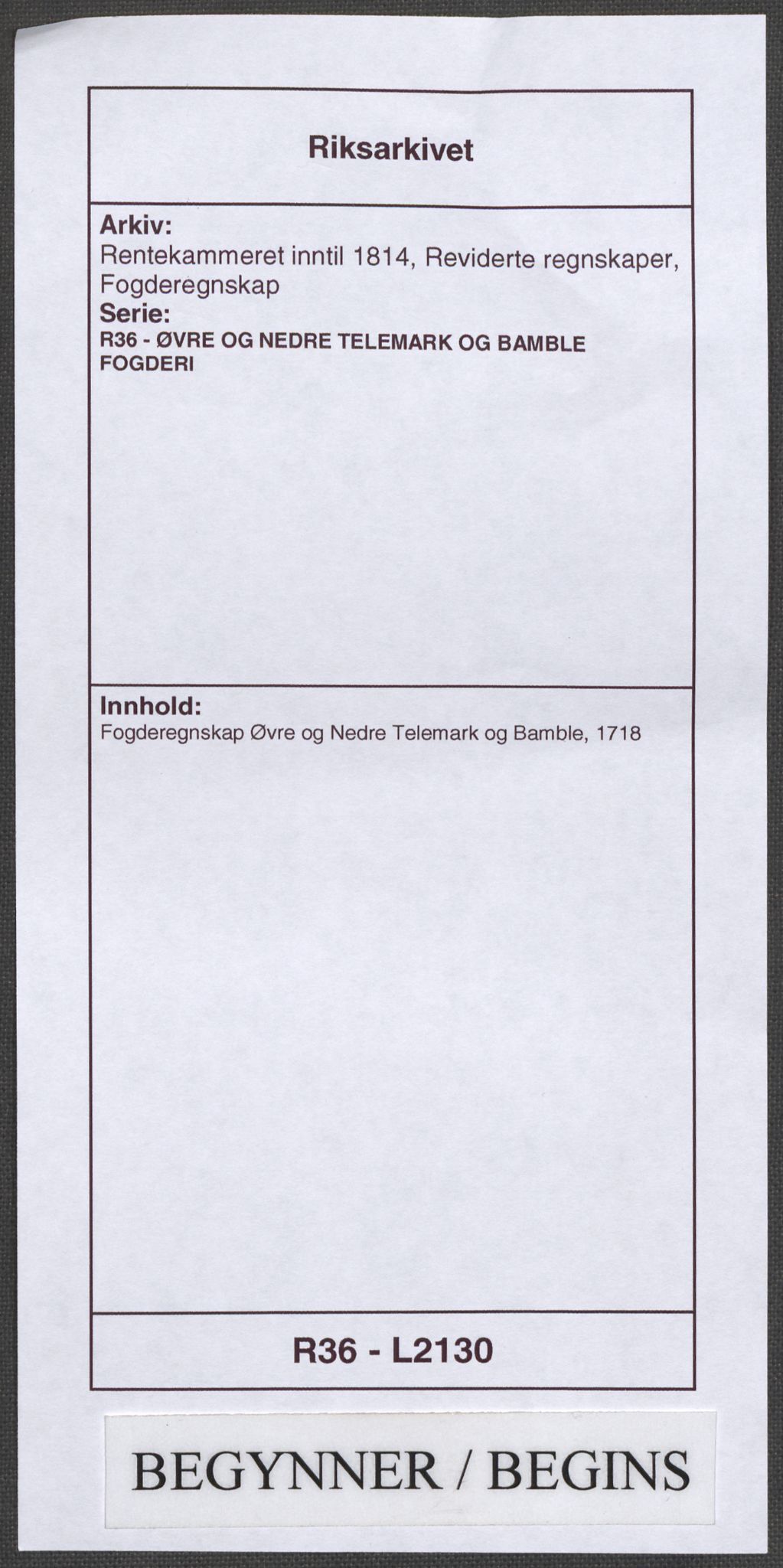 Rentekammeret inntil 1814, Reviderte regnskaper, Fogderegnskap, AV/RA-EA-4092/R36/L2130: Fogderegnskap Øvre og Nedre Telemark og Bamble, 1718, p. 1