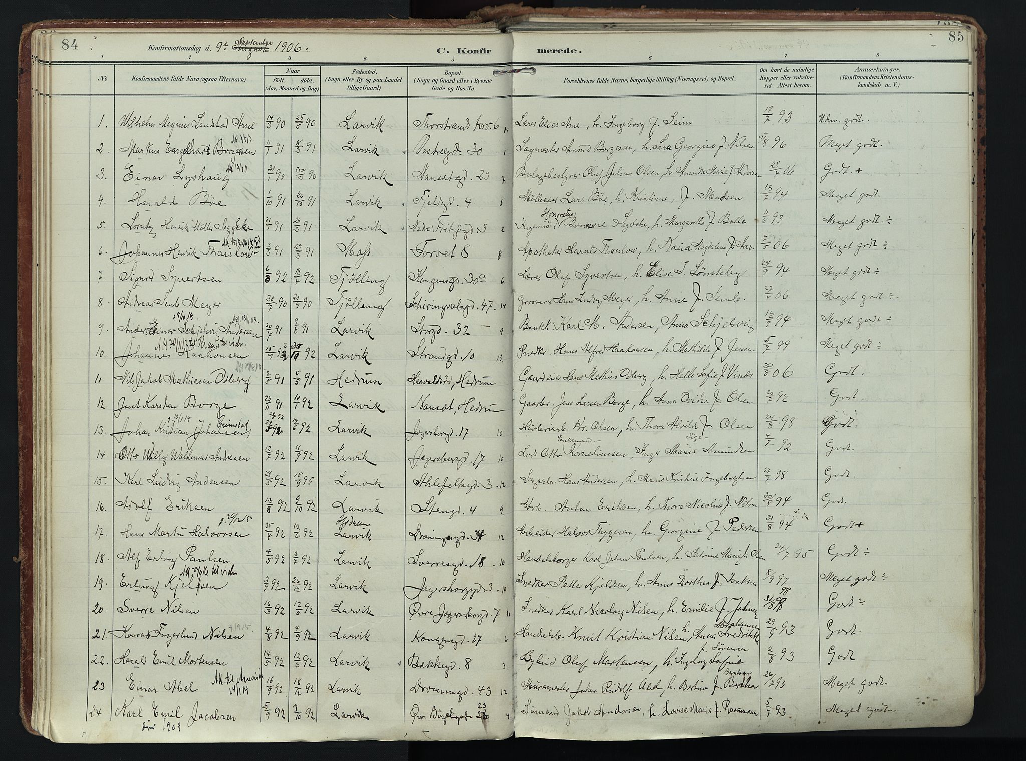 Larvik kirkebøker, AV/SAKO-A-352/F/Fa/L0011: Parish register (official) no. I 11, 1902-1922, p. 84-85