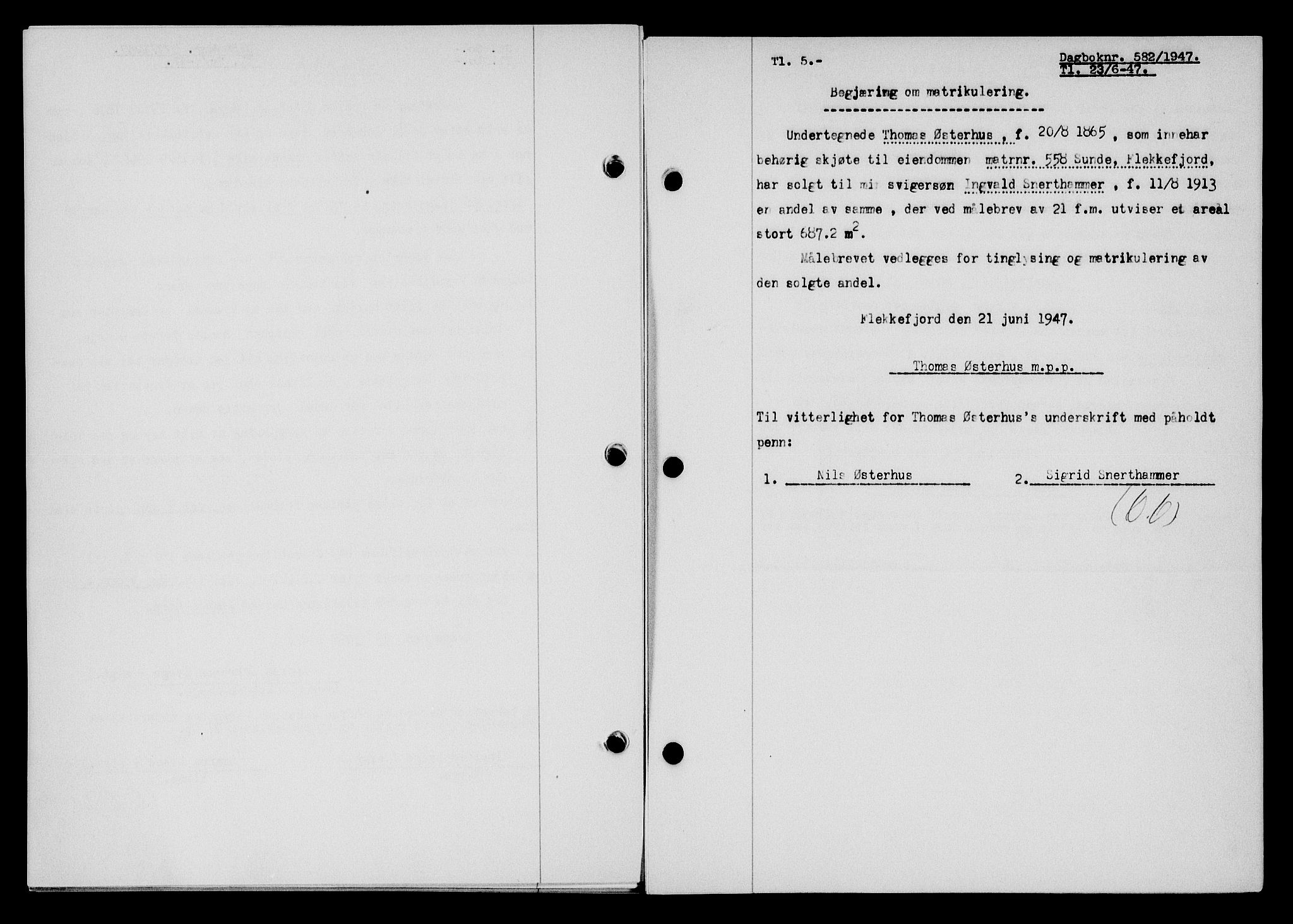 Flekkefjord sorenskriveri, SAK/1221-0001/G/Gb/Gba/L0062: Mortgage book no. A-10, 1947-1947, Diary no: : 582/1947