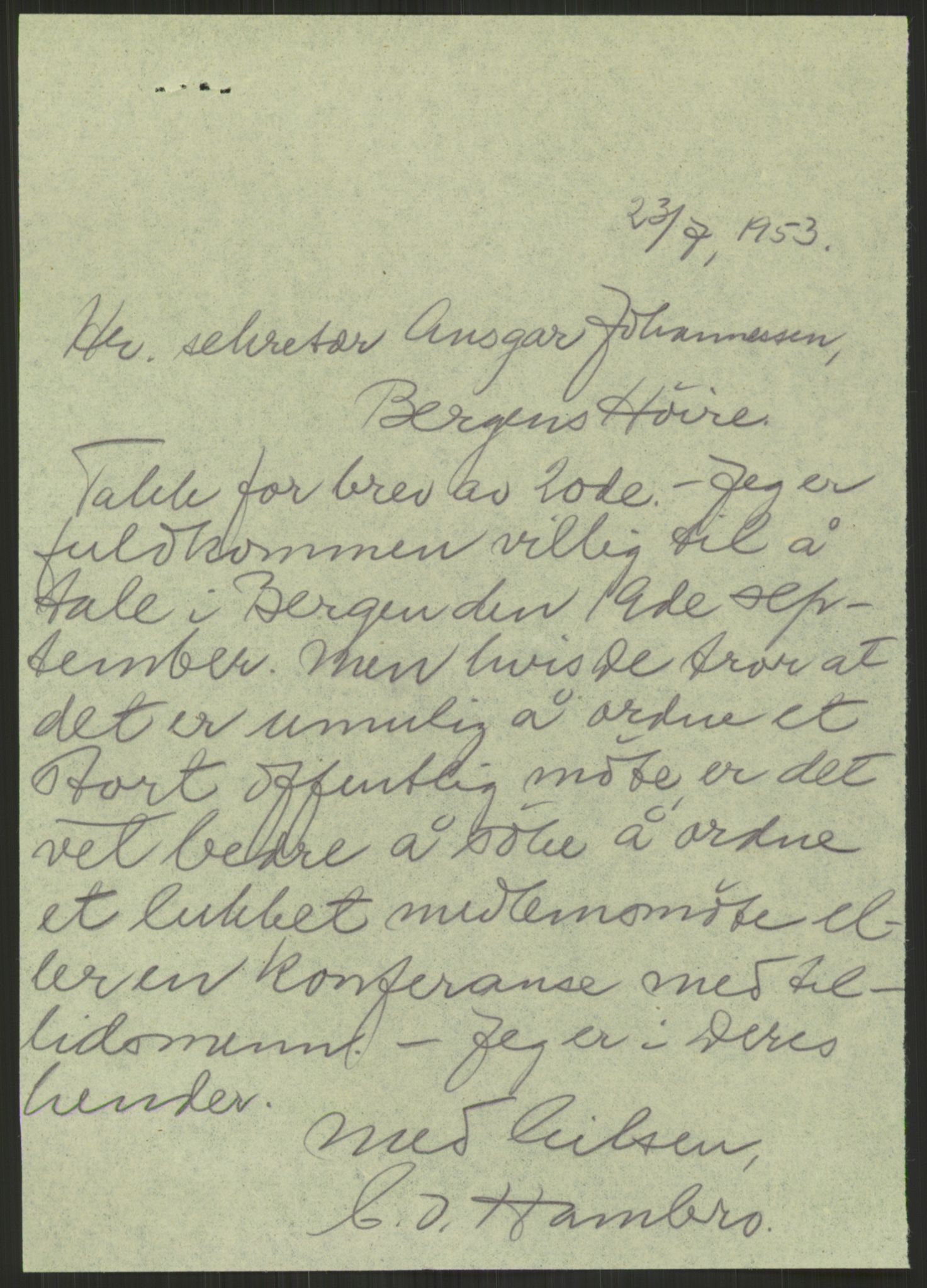 Høyres Hovedorganisasjon, AV/RA-PA-0583/1/D/Dd/L0129: 19 Generalsekretæren, 1953-1964, p. 23