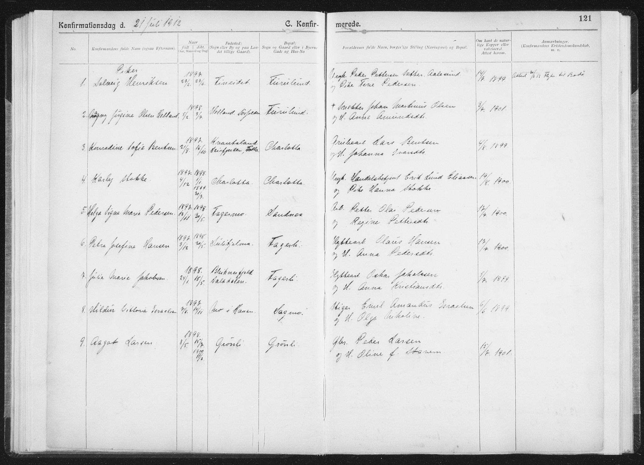 Ministerialprotokoller, klokkerbøker og fødselsregistre - Nordland, SAT/A-1459/850/L0711: Curate's parish register no. 850B01, 1902-1915, p. 121