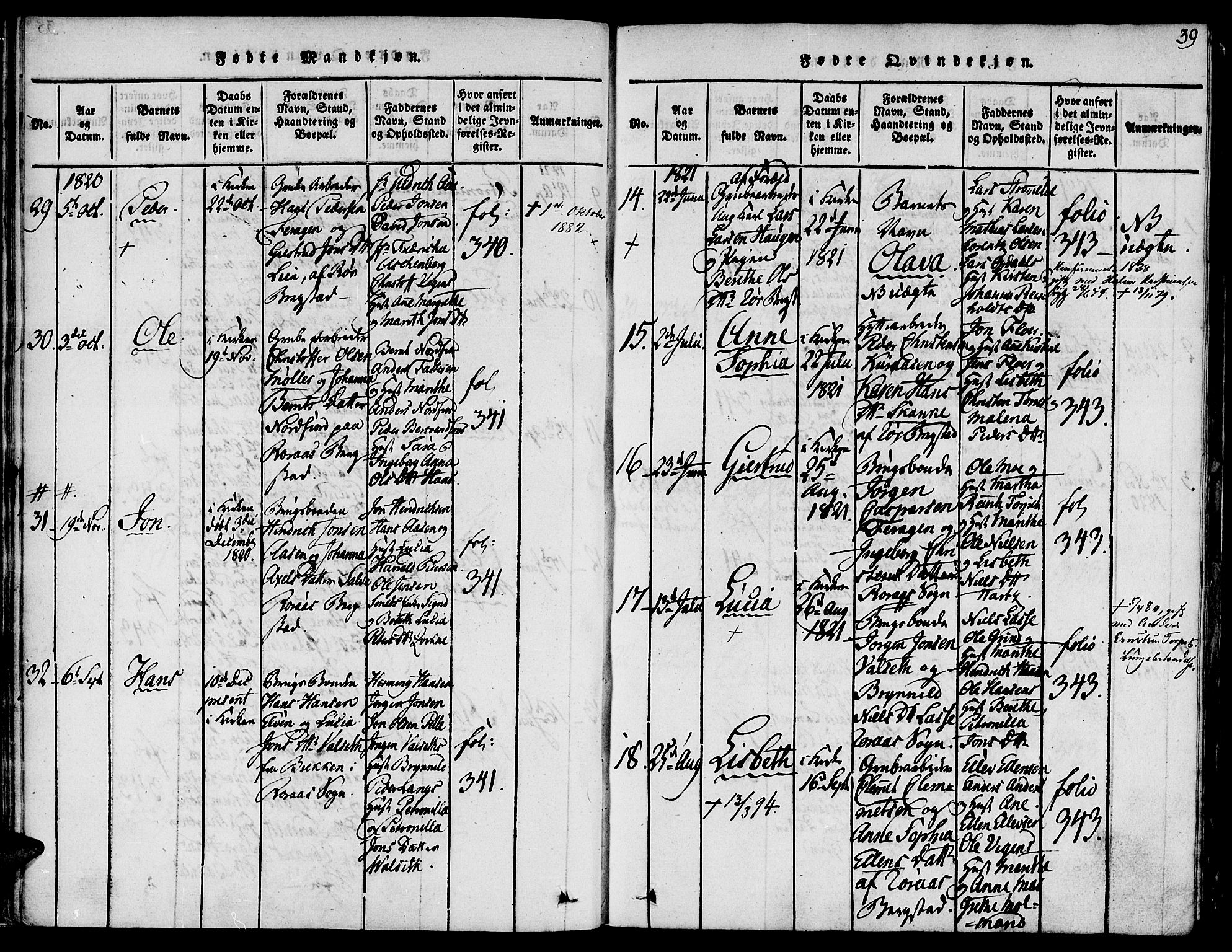 Ministerialprotokoller, klokkerbøker og fødselsregistre - Sør-Trøndelag, SAT/A-1456/681/L0929: Parish register (official) no. 681A07, 1817-1828, p. 39