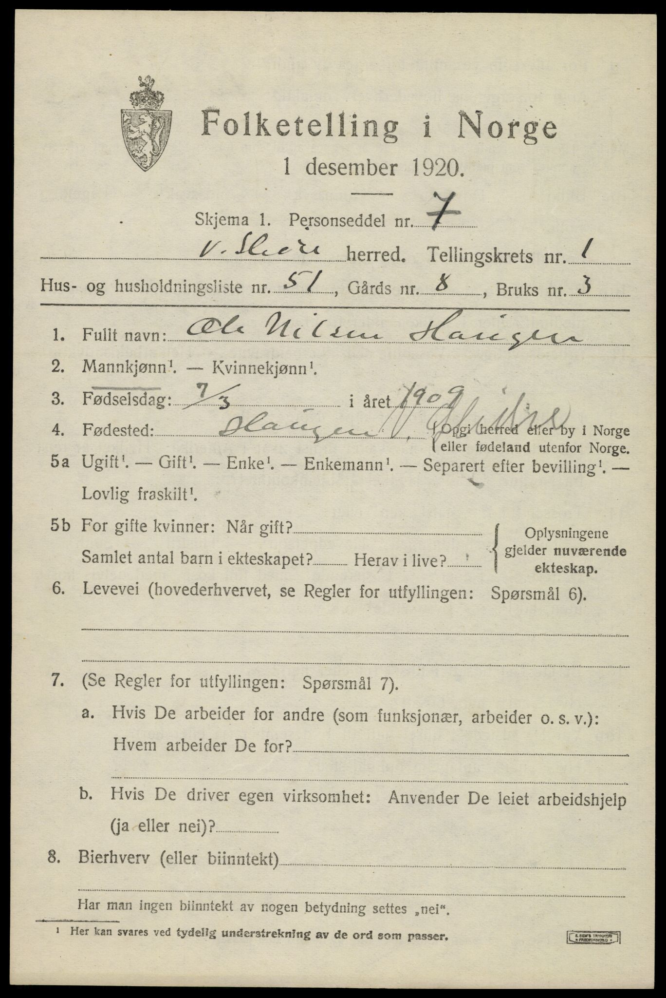 SAH, 1920 census for Vestre Slidre, 1920, p. 1550