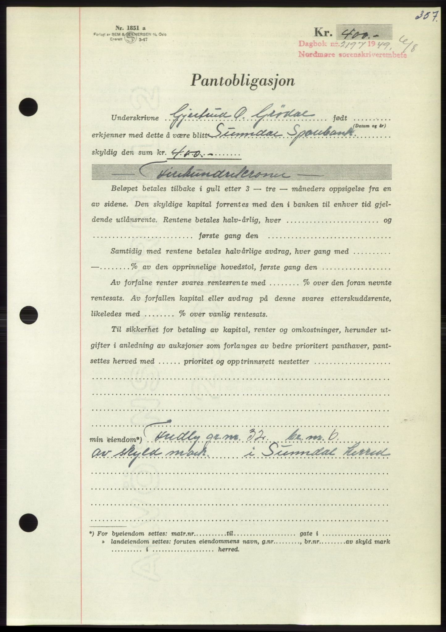 Nordmøre sorenskriveri, AV/SAT-A-4132/1/2/2Ca: Mortgage book no. B102, 1949-1949, Diary no: : 2197/1949
