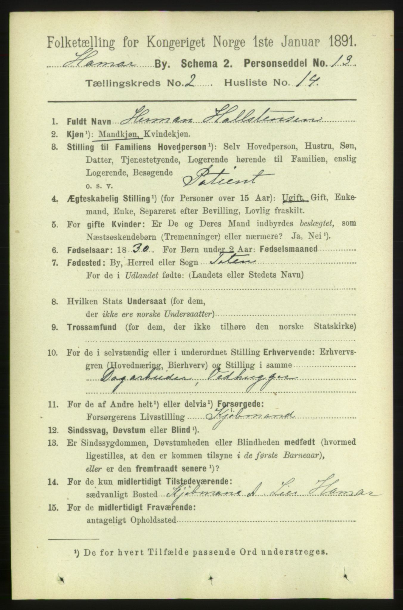 RA, 1891 census for 0401 Hamar, 1891, p. 1189