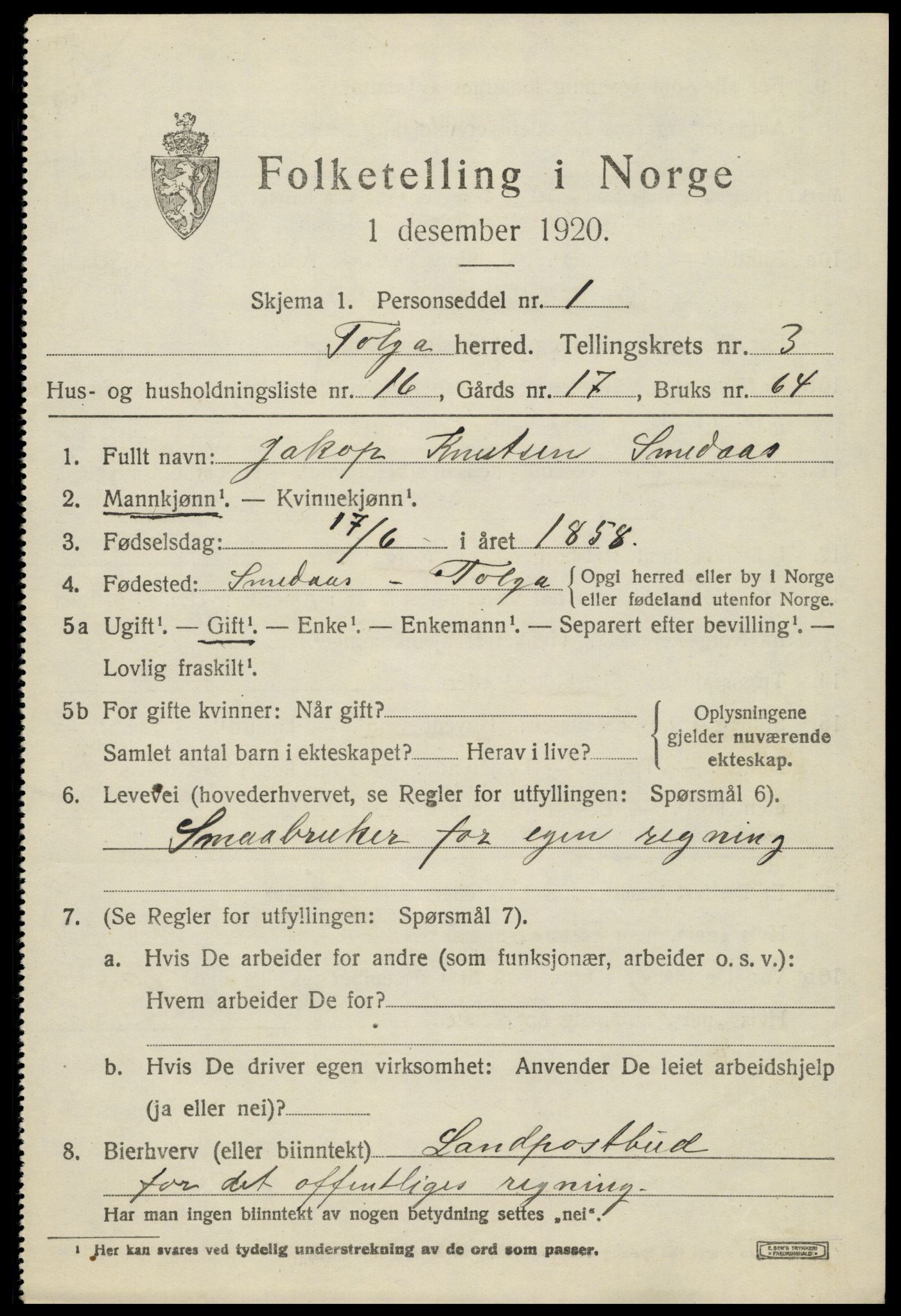 SAH, 1920 census for Tolga, 1920, p. 2375