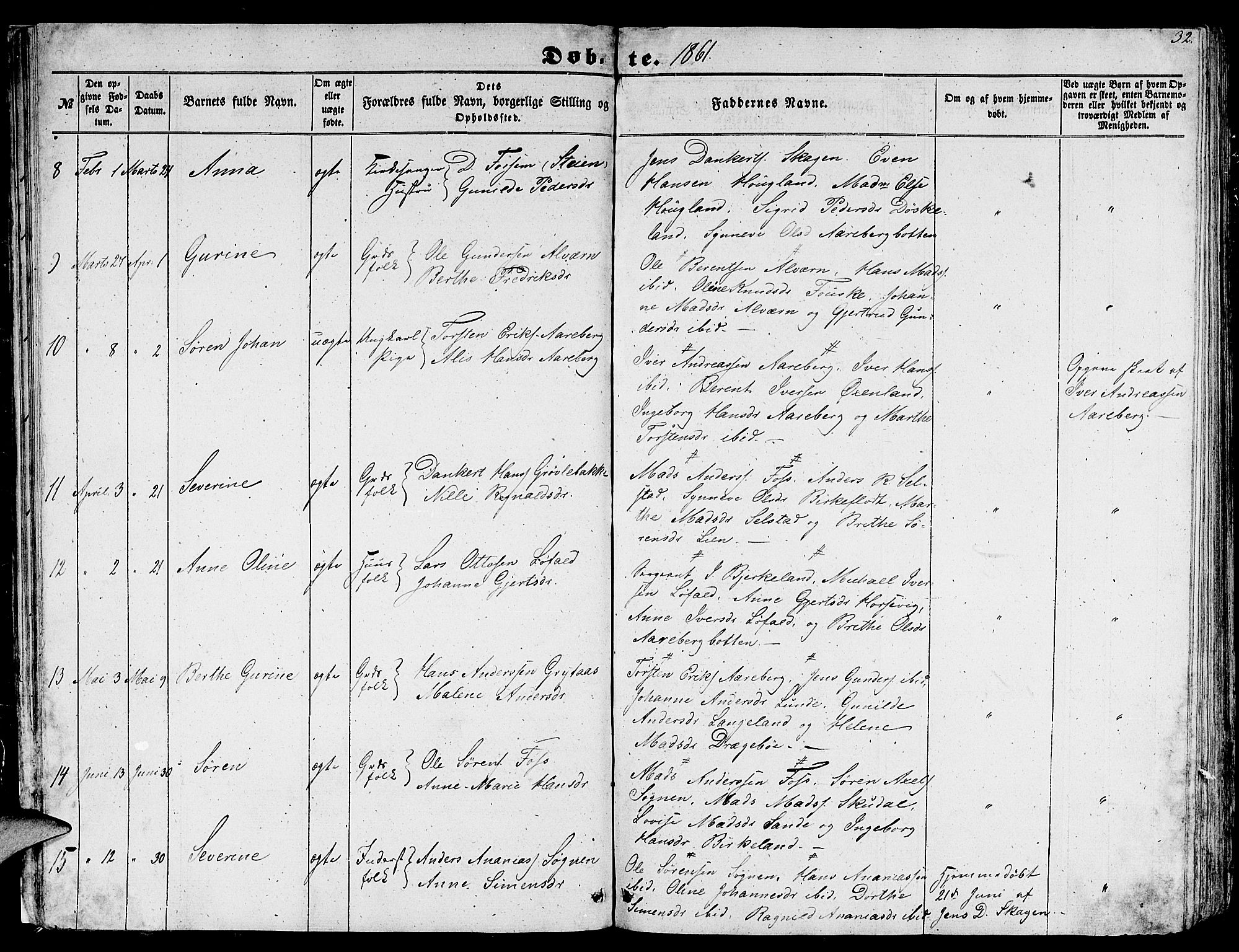 Gaular sokneprestembete, AV/SAB-A-80001/H/Hab: Parish register (copy) no. A 1, 1853-1864, p. 32