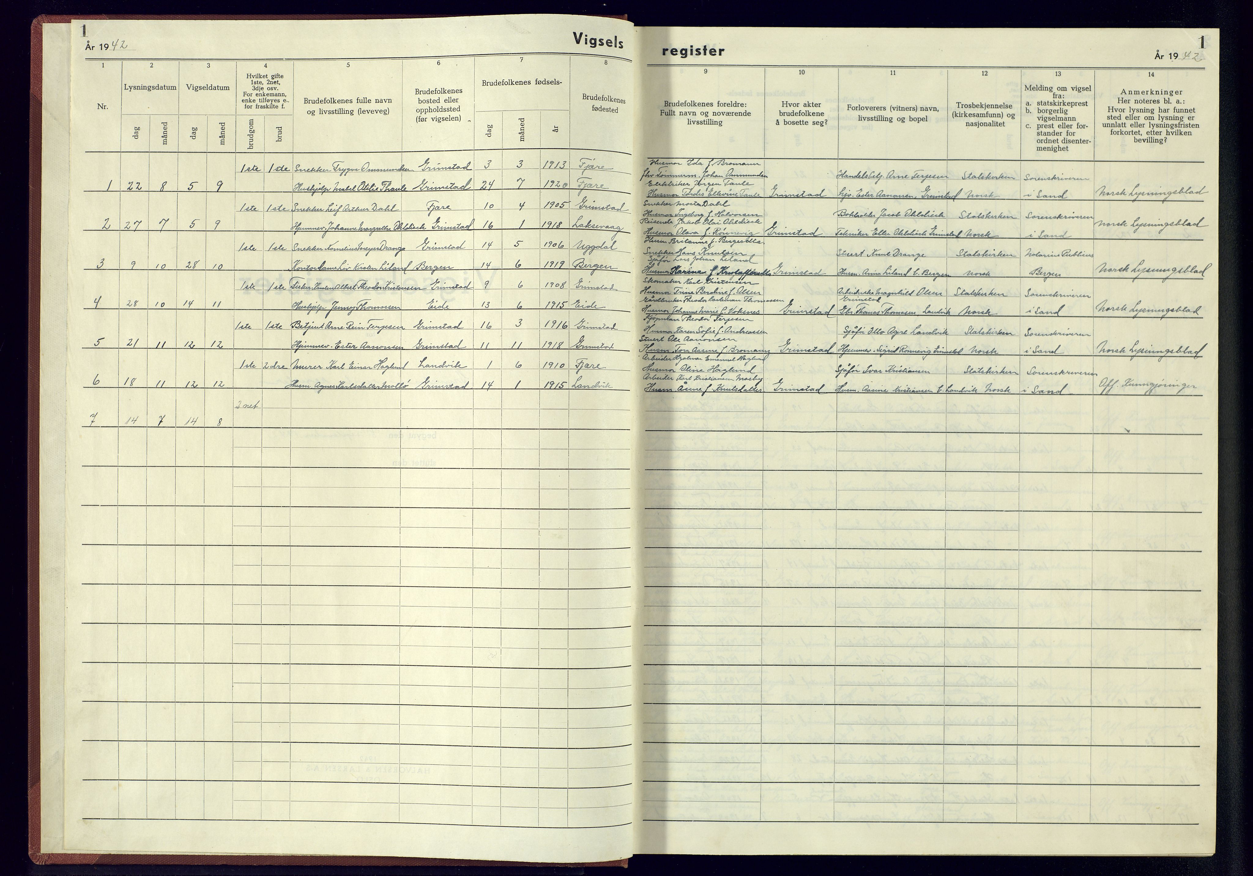 Grimstad sokneprestkontor, SAK/1111-0017/J/Jb/L0002: Marriage register no. II.6.2, 1942-1945, p. 1