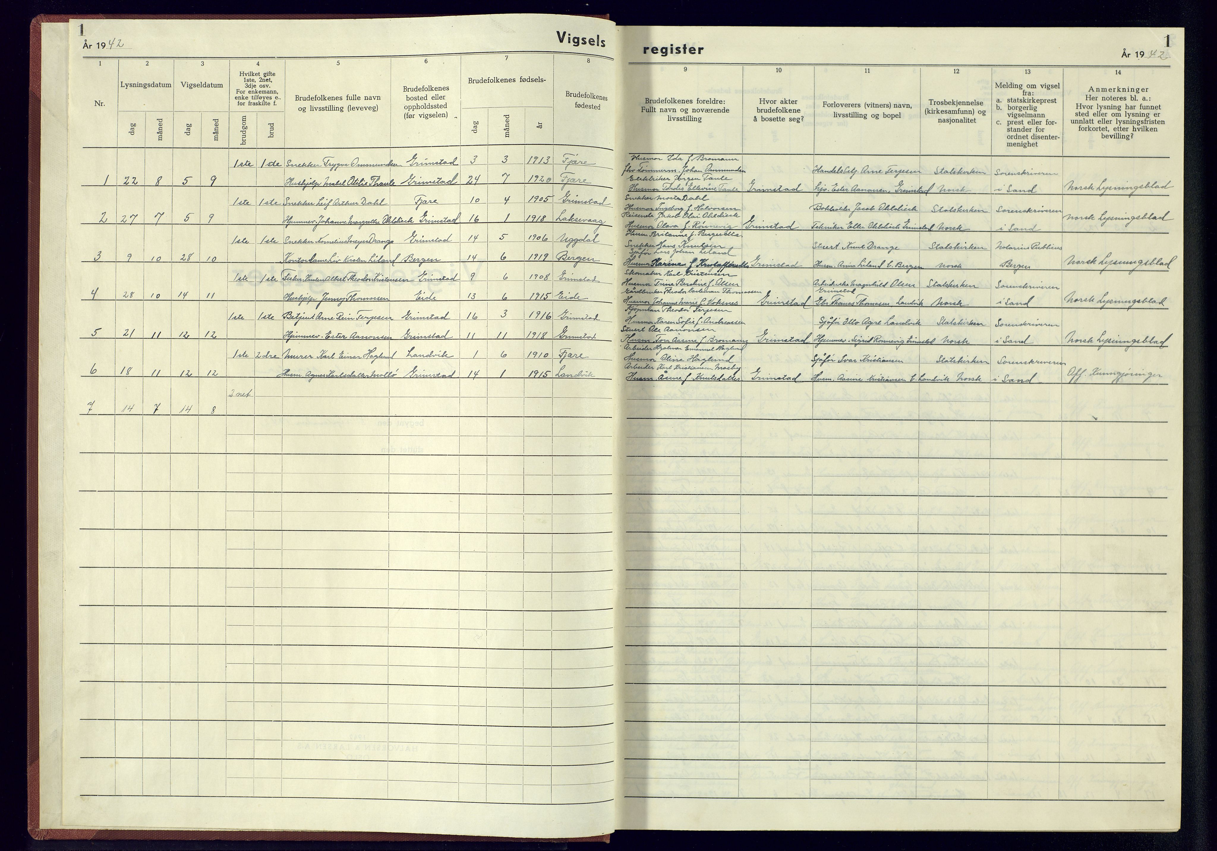 Grimstad sokneprestkontor, AV/SAK-1111-0017/J/Jb/L0002: Marriage register no. II.6.2, 1942-1945, p. 1