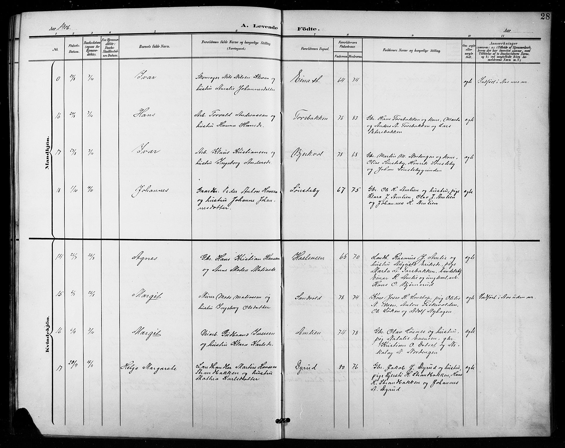 Vestre Toten prestekontor, AV/SAH-PREST-108/H/Ha/Hab/L0016: Parish register (copy) no. 16, 1901-1915, p. 28