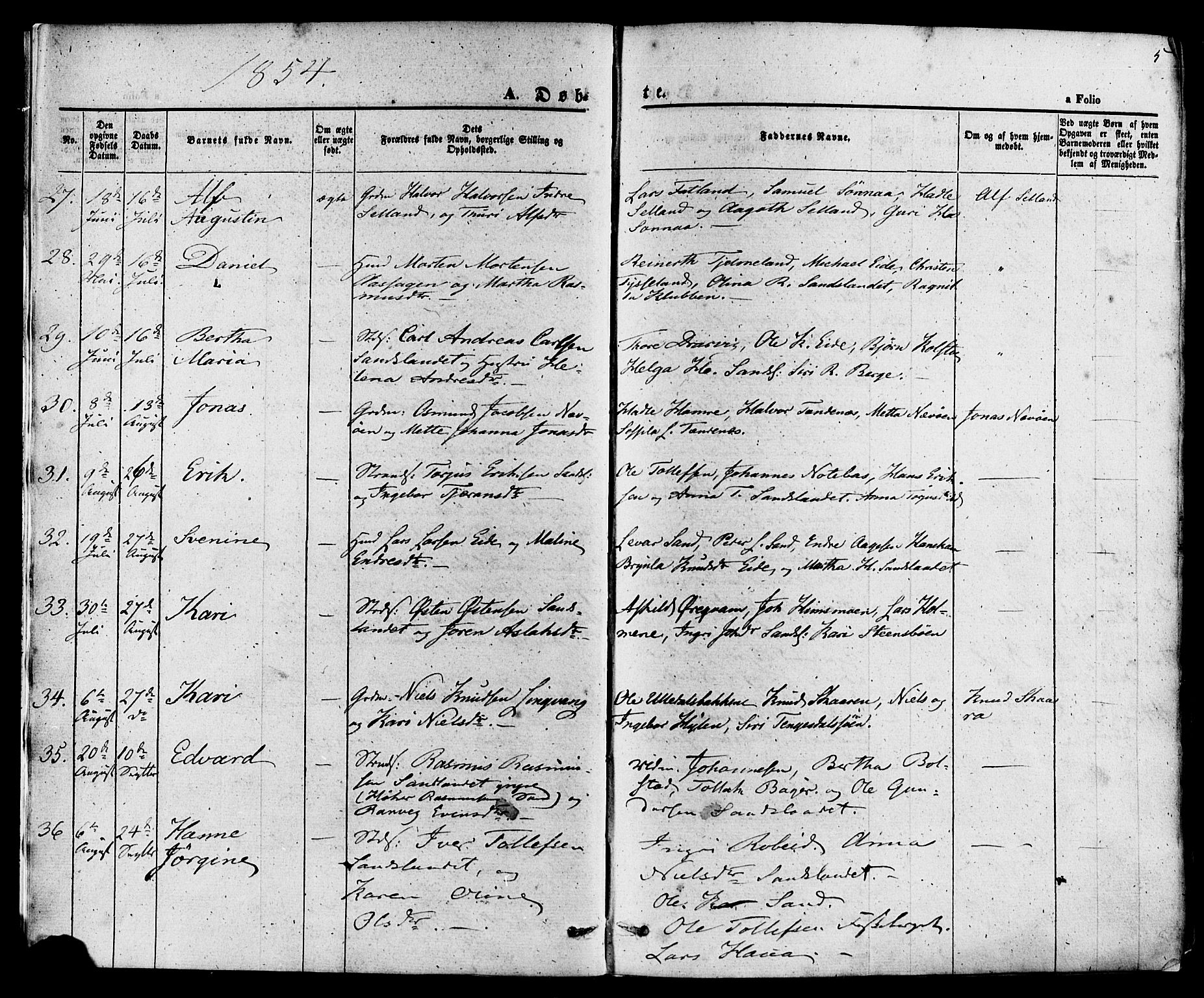 Sand sokneprestkontor, AV/SAST-A-101848/01/III/L0003: Parish register (official) no. A 3, 1854-1879, p. 5