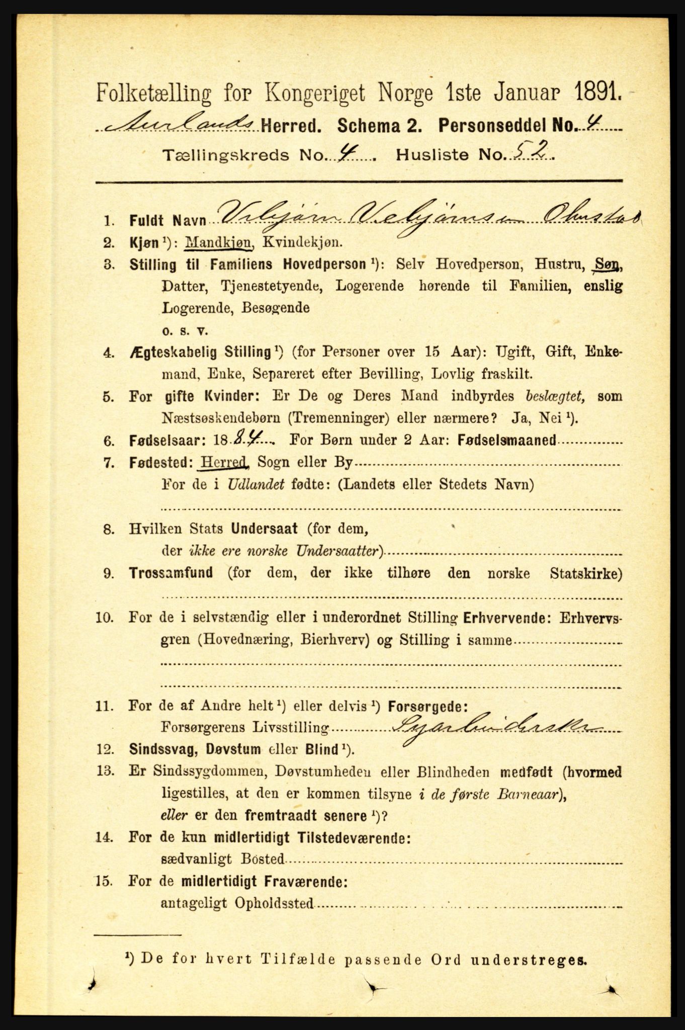 RA, 1891 census for 1421 Aurland, 1891, p. 1621