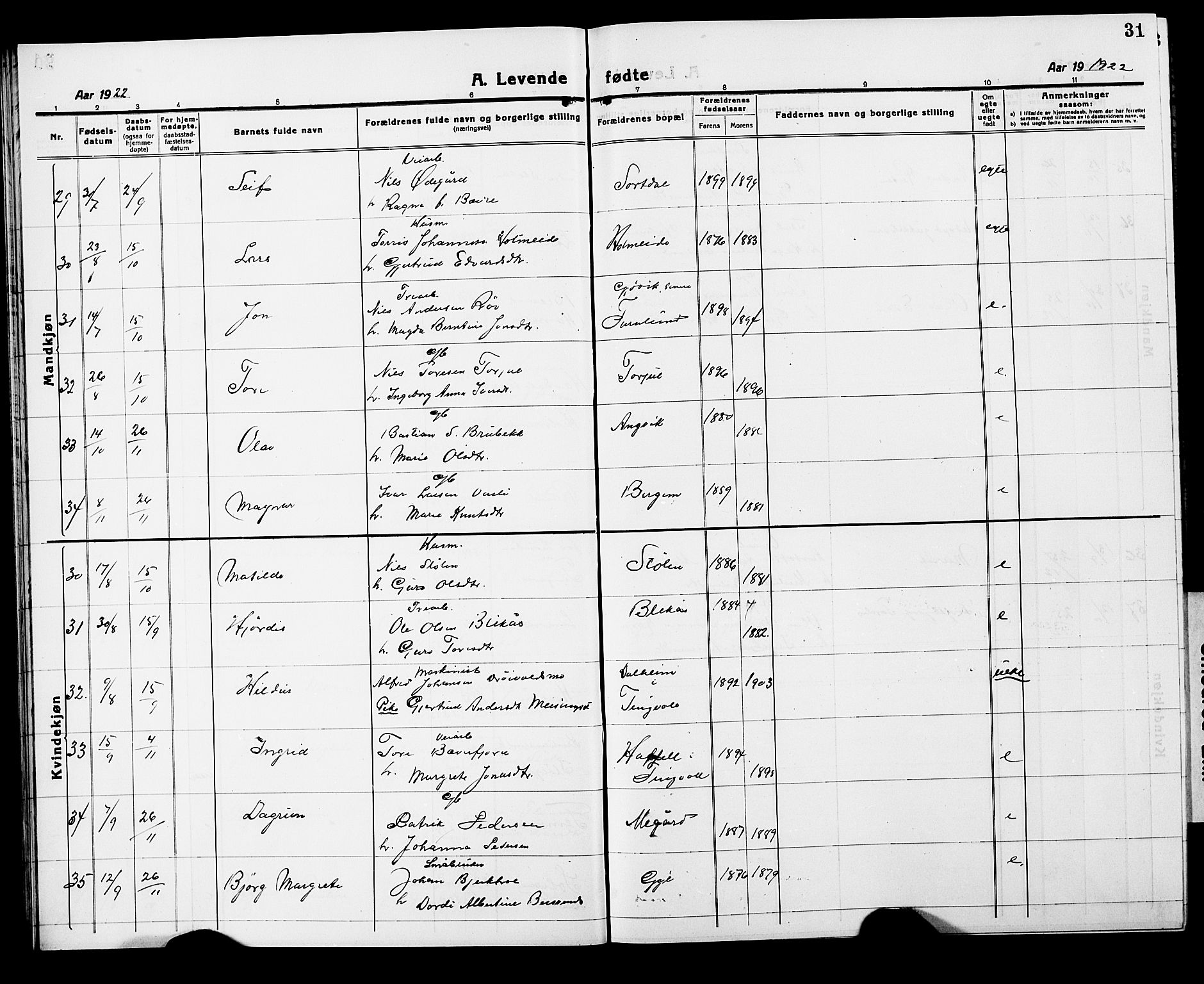 Ministerialprotokoller, klokkerbøker og fødselsregistre - Møre og Romsdal, AV/SAT-A-1454/586/L0994: Parish register (copy) no. 586C05, 1919-1927, p. 31