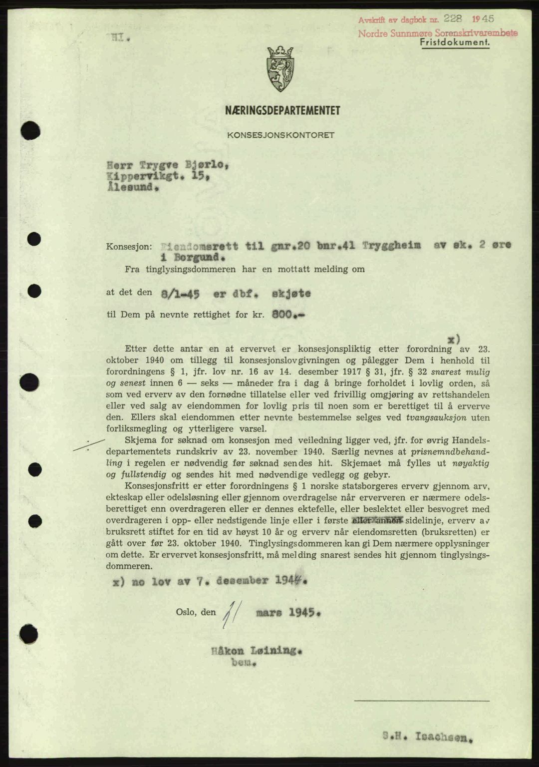 Nordre Sunnmøre sorenskriveri, SAT/A-0006/1/2/2C/2Ca: Mortgage book no. B6-14 a, 1942-1945, Diary no: : 228/1945