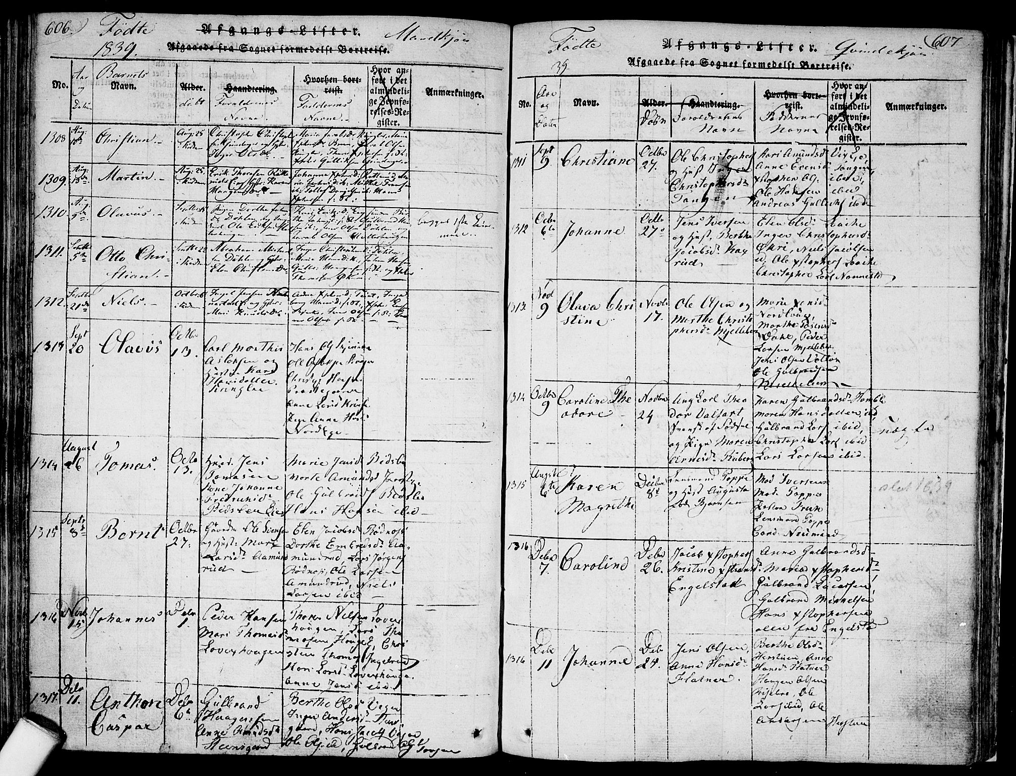 Nannestad prestekontor Kirkebøker, AV/SAO-A-10414a/F/Fa/L0009: Parish register (official) no. I 9, 1815-1840, p. 606-607