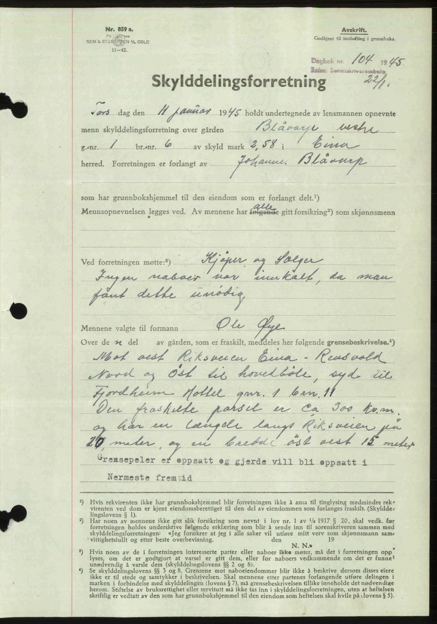 Toten tingrett, SAH/TING-006/H/Hb/Hbc/L0013: Mortgage book no. Hbc-13, 1945-1945, Diary no: : 104/1945