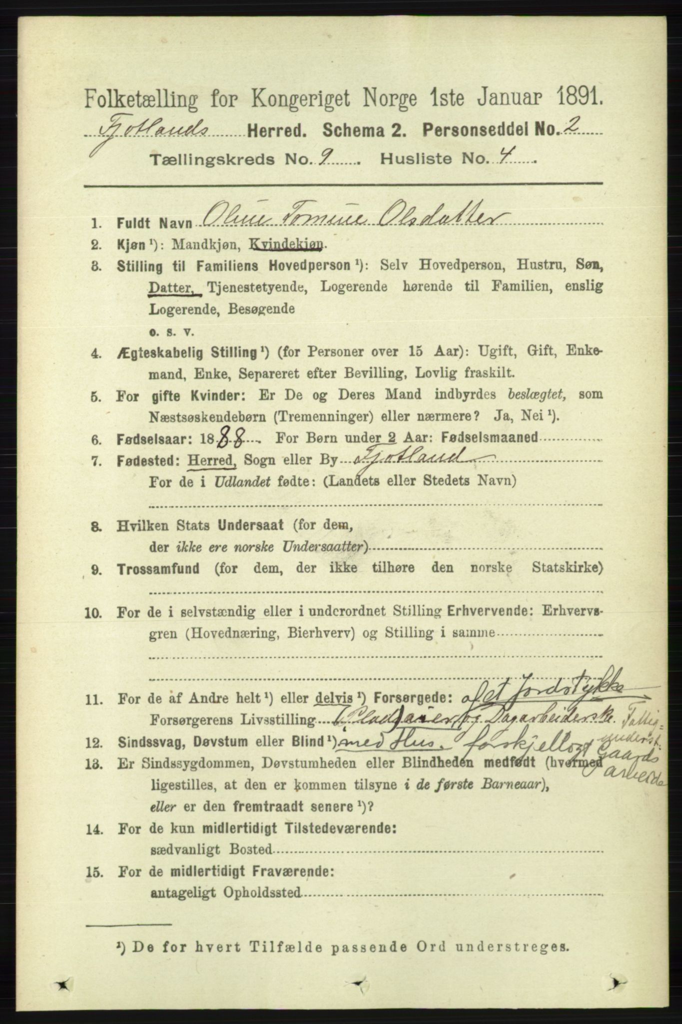 RA, 1891 census for 1036 Fjotland, 1891, p. 1317