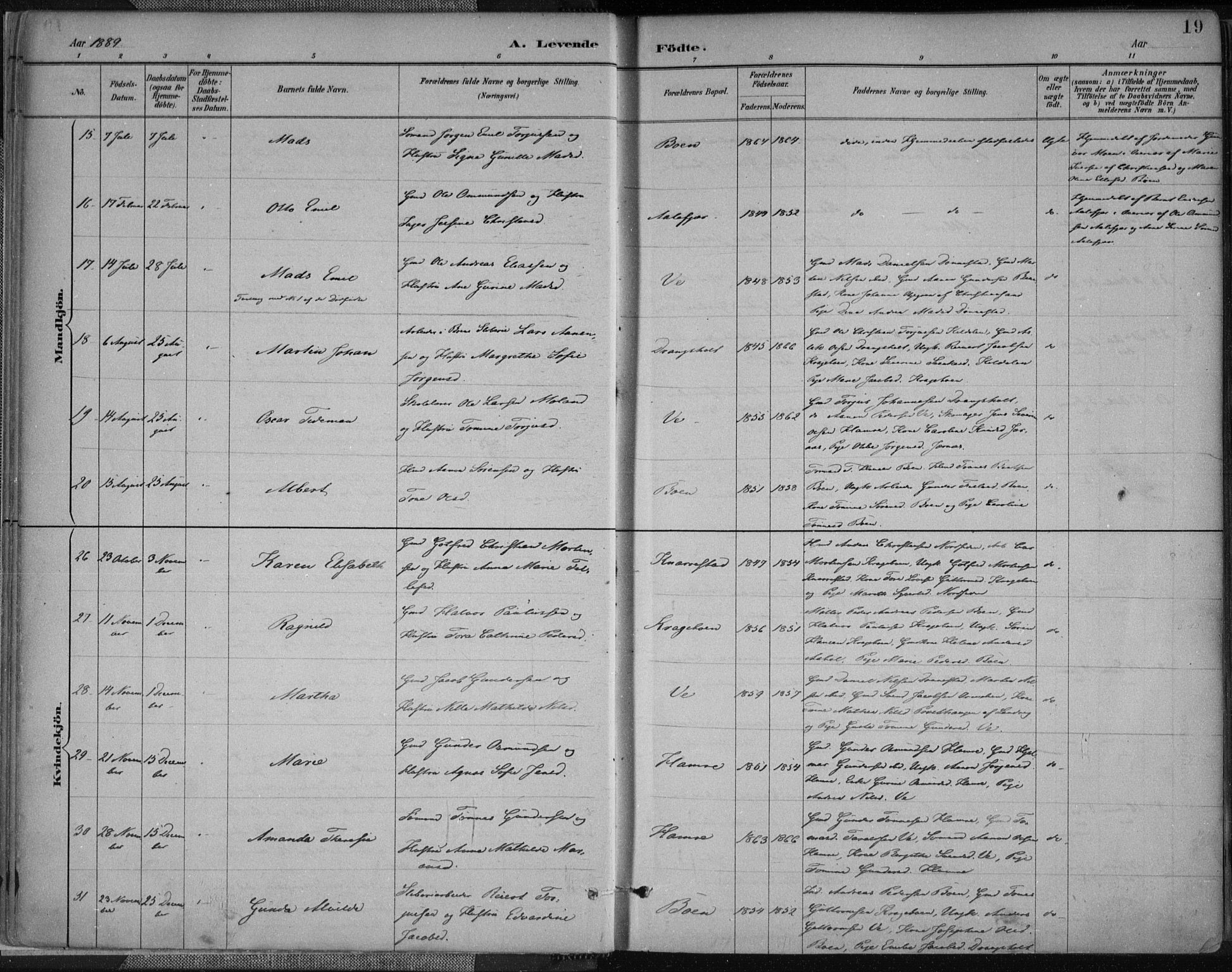 Tveit sokneprestkontor, AV/SAK-1111-0043/F/Fa/L0007: Parish register (official) no. A 7, 1887-1908, p. 19