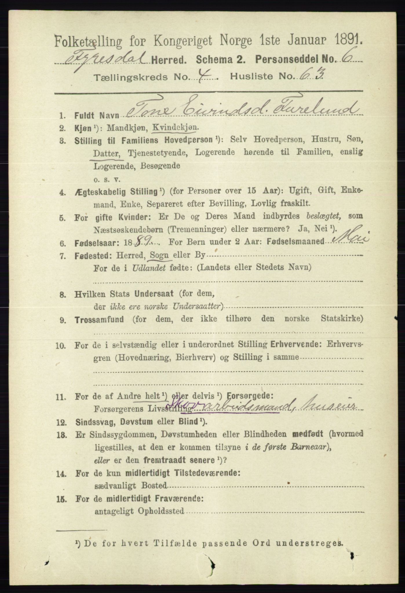 RA, 1891 census for 0831 Fyresdal, 1891, p. 1220