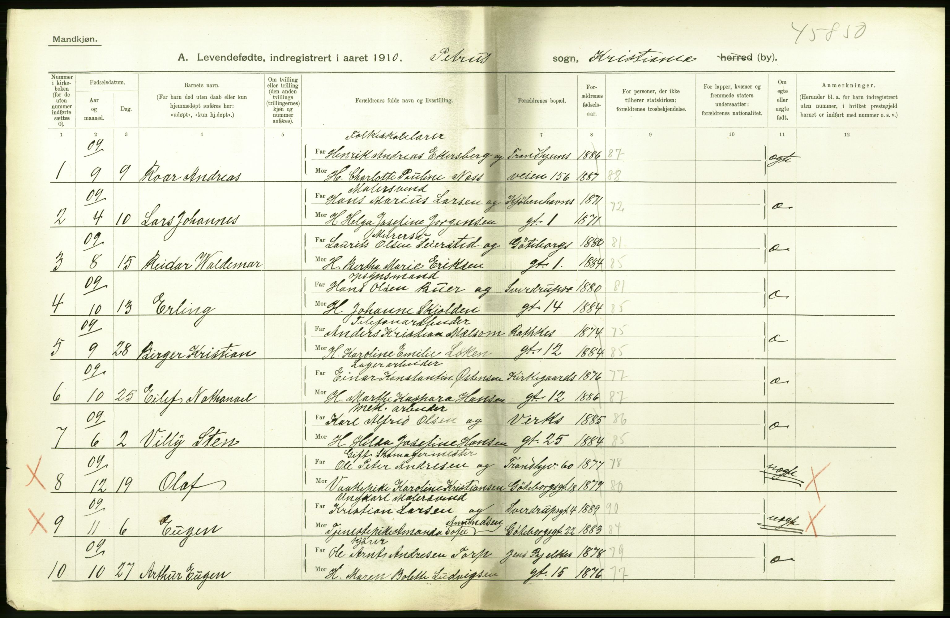 Statistisk sentralbyrå, Sosiodemografiske emner, Befolkning, AV/RA-S-2228/D/Df/Dfa/Dfah/L0006: Kristiania: Levendefødte menn., 1910, p. 420