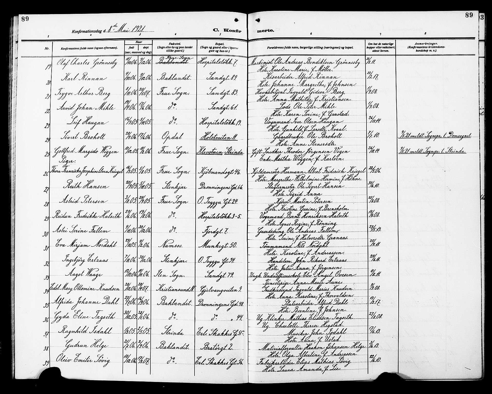 Ministerialprotokoller, klokkerbøker og fødselsregistre - Sør-Trøndelag, SAT/A-1456/602/L0147: Parish register (copy) no. 602C15, 1911-1924, p. 89