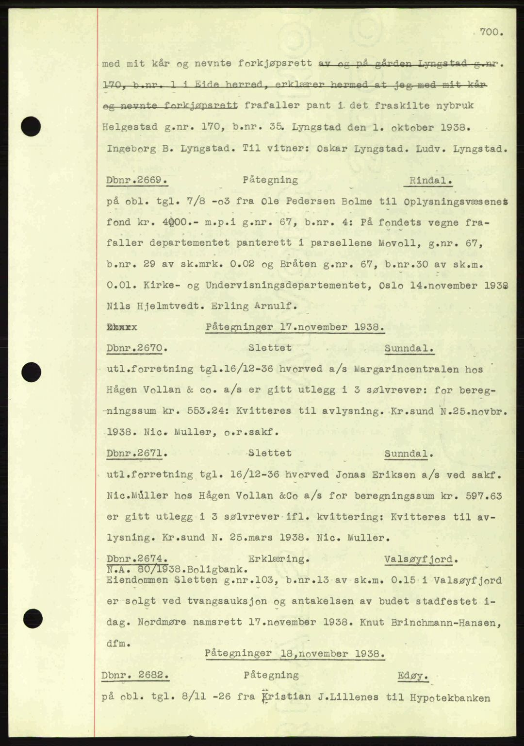 Nordmøre sorenskriveri, AV/SAT-A-4132/1/2/2Ca: Mortgage book no. C80, 1936-1939, Diary no: : 2669/1938