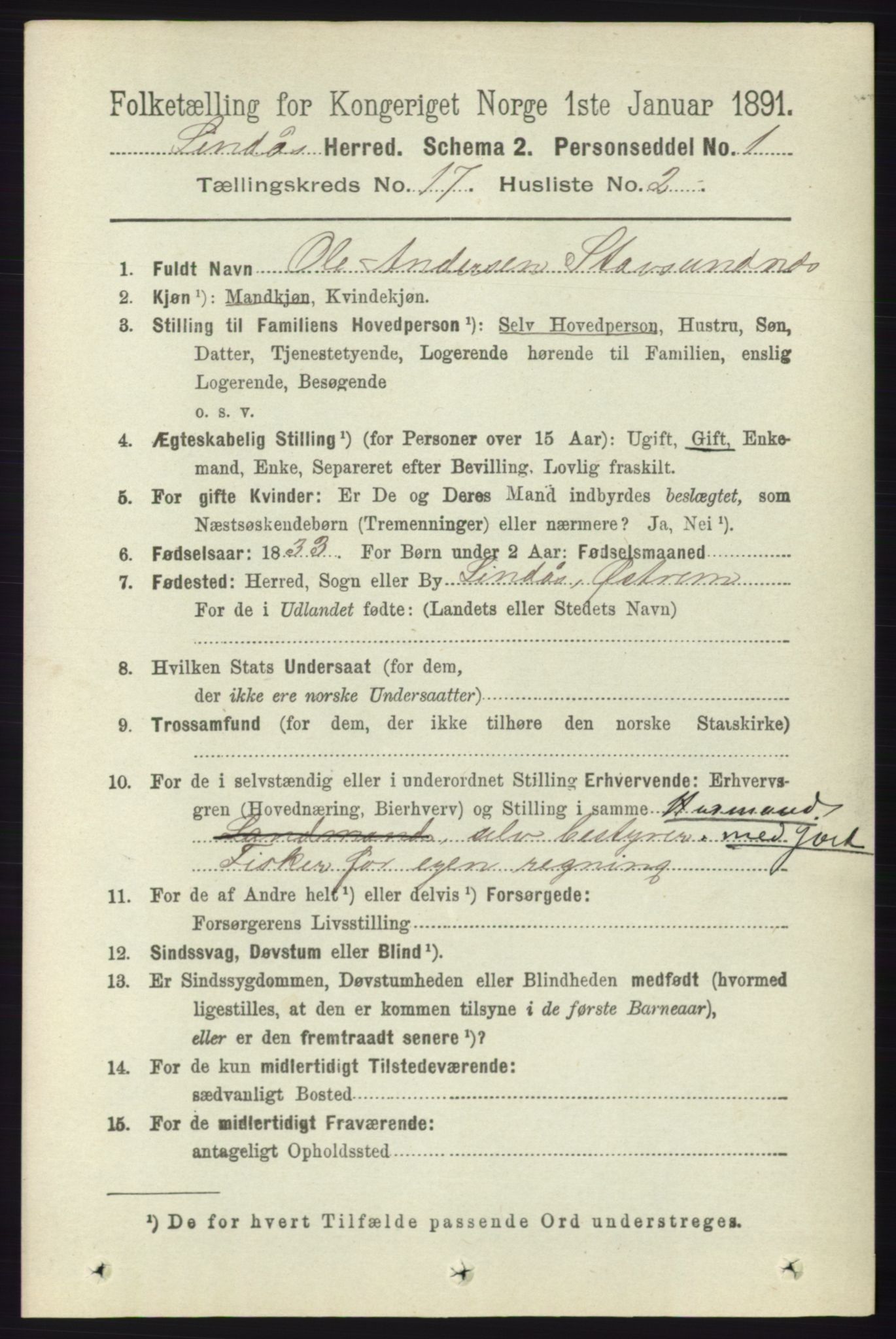 RA, 1891 census for 1263 Lindås, 1891, p. 6137