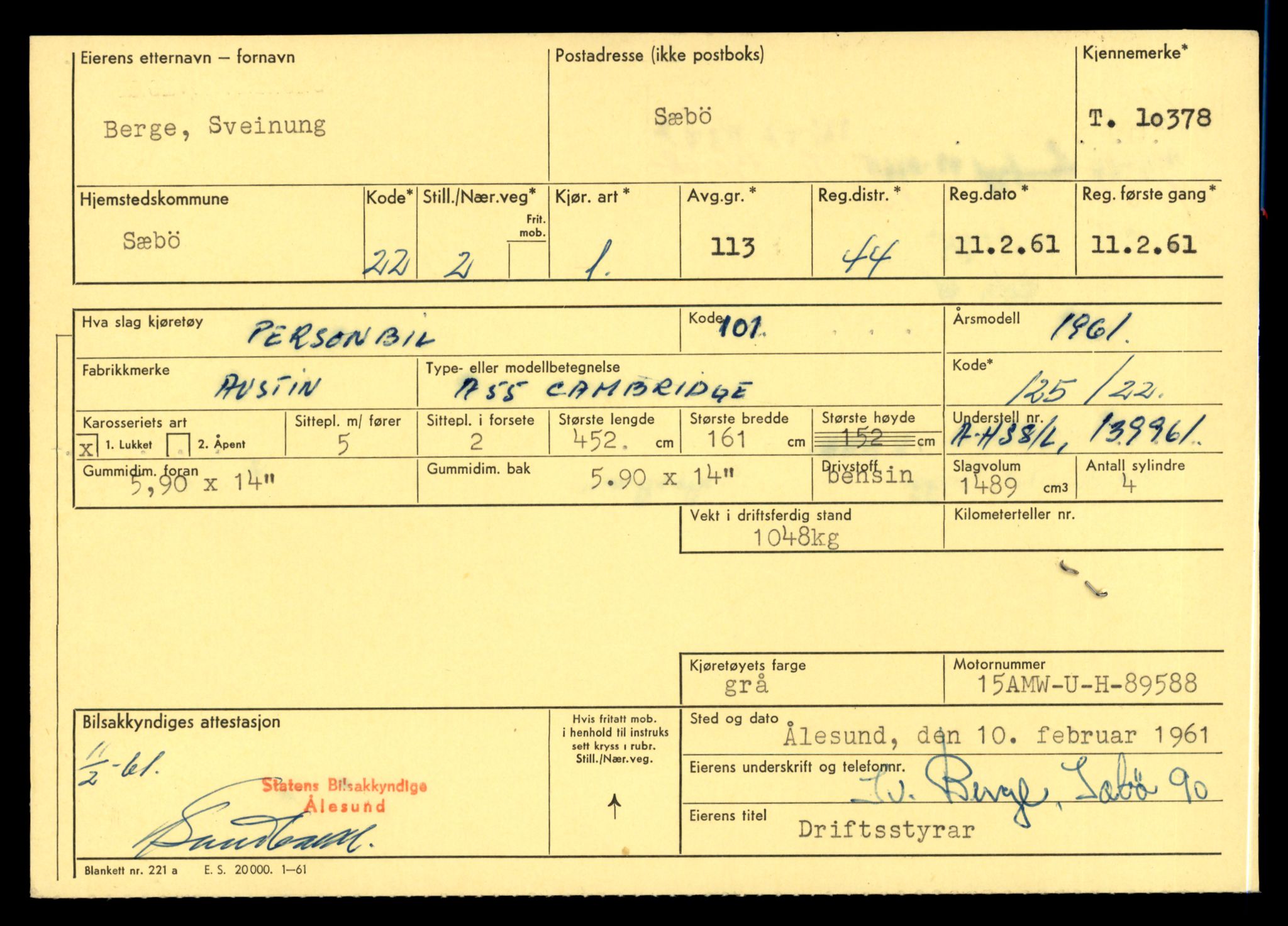 Møre og Romsdal vegkontor - Ålesund trafikkstasjon, AV/SAT-A-4099/F/Fe/L0020: Registreringskort for kjøretøy T 10351 - T 10470, 1927-1998, p. 815