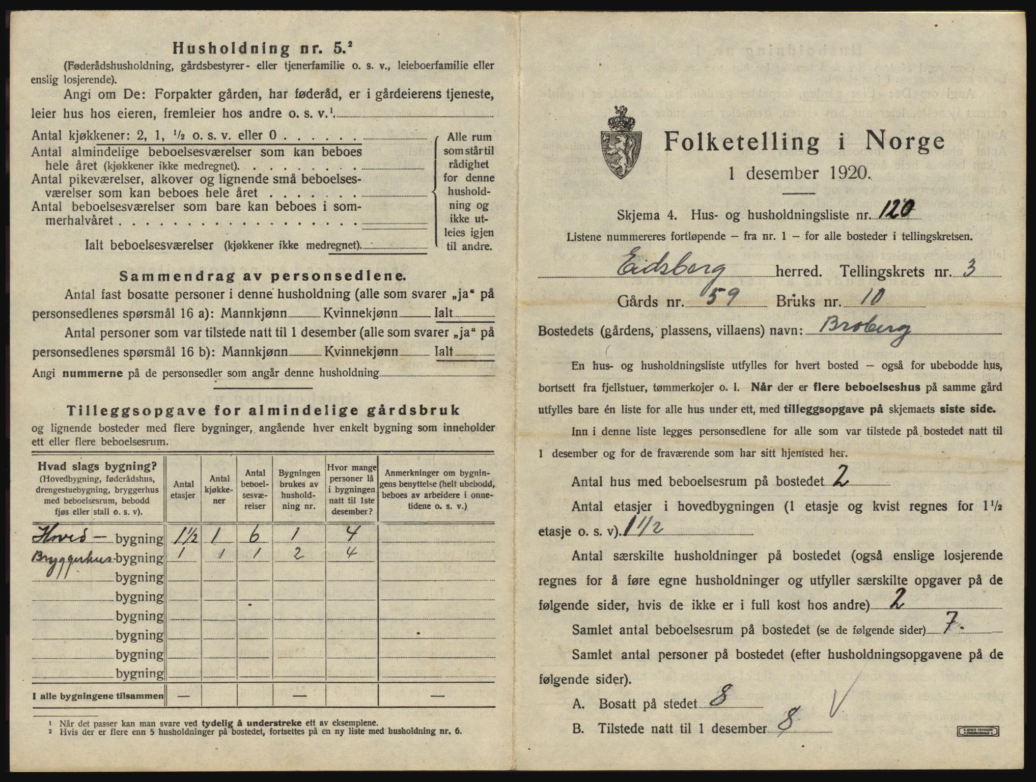 SAO, 1920 census for Eidsberg, 1920, p. 649