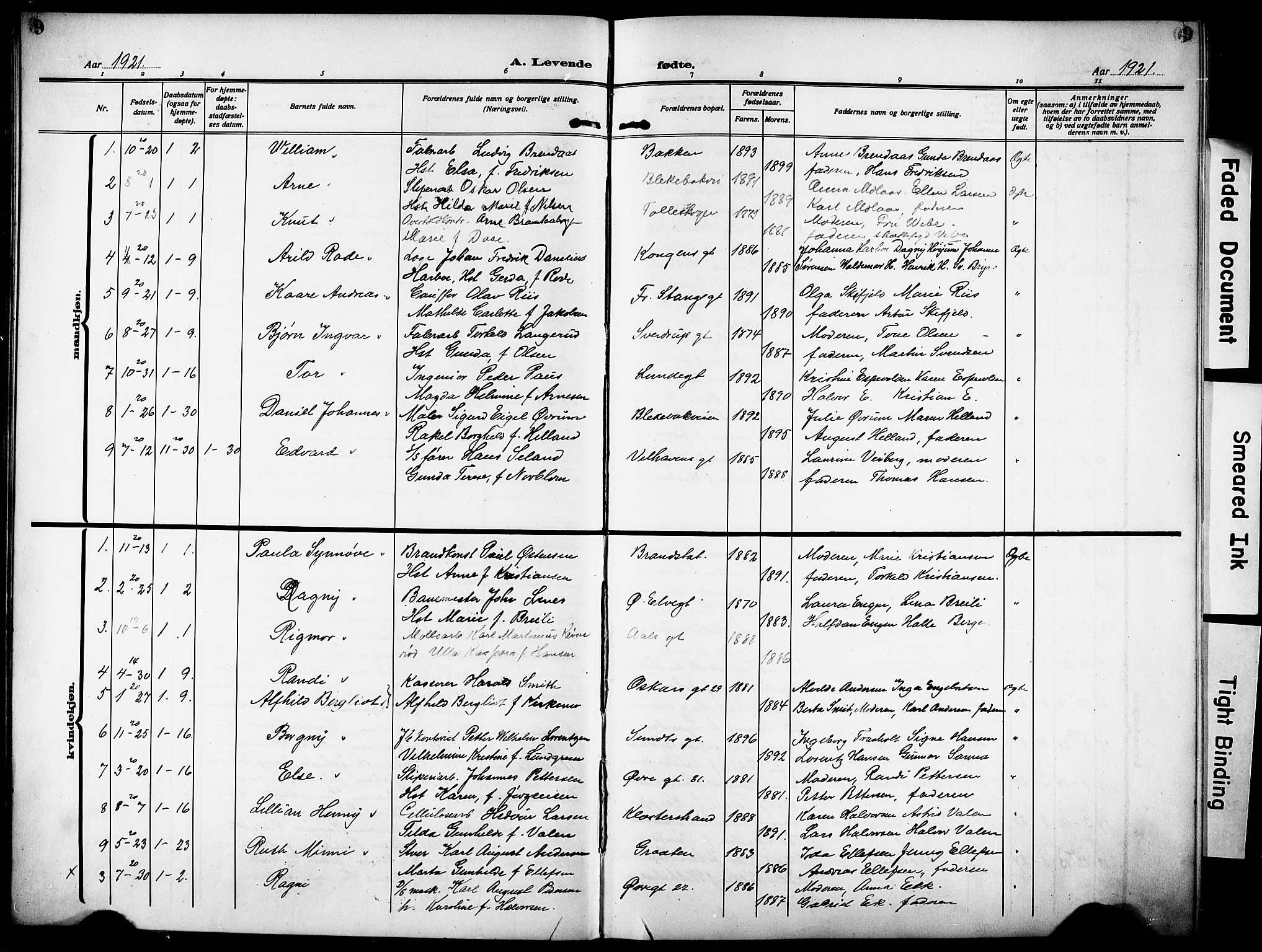 Skien kirkebøker, SAKO/A-302/G/Ga/L0010: Parish register (copy) no. 10, 1920-1931, p. 9