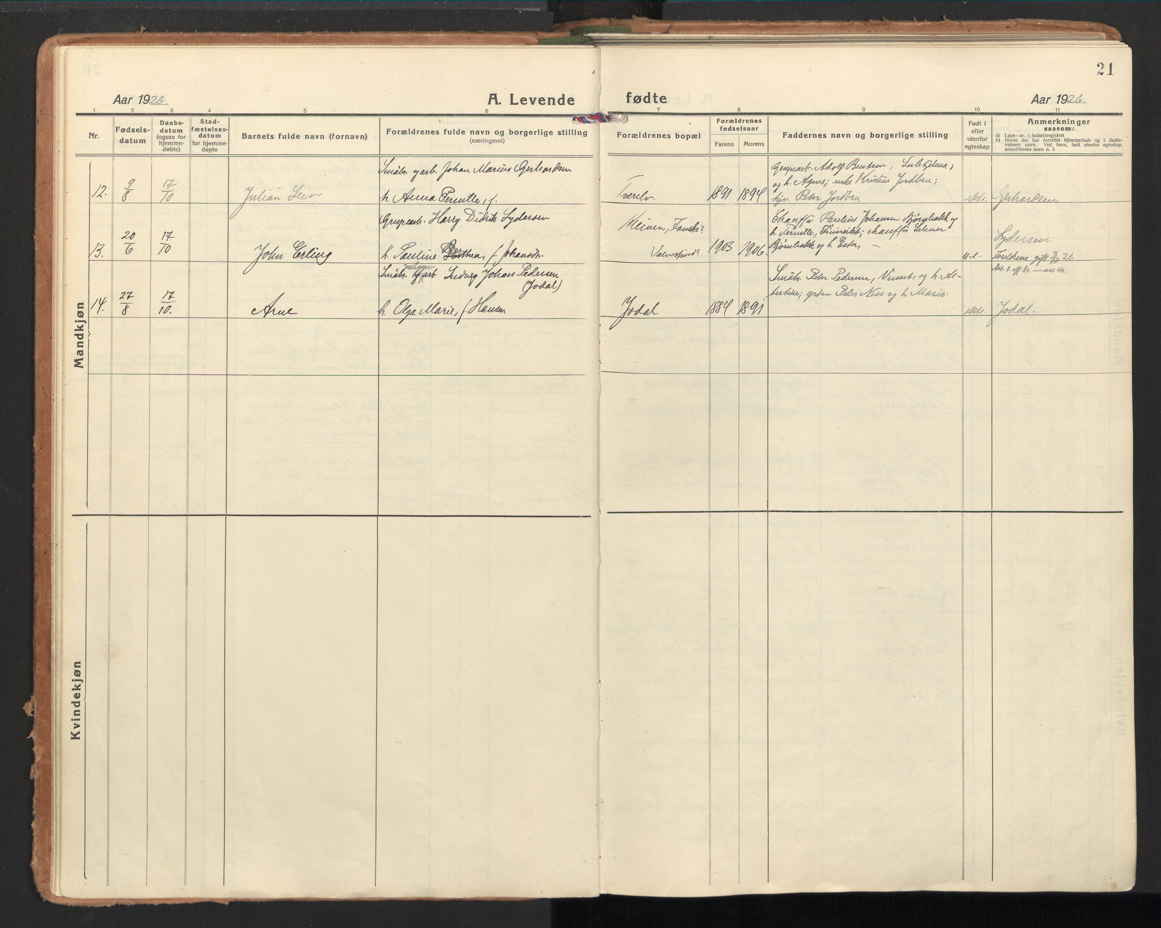 Ministerialprotokoller, klokkerbøker og fødselsregistre - Nordland, SAT/A-1459/851/L0725: Parish register (official) no. 851A02, 1922-1944, p. 21