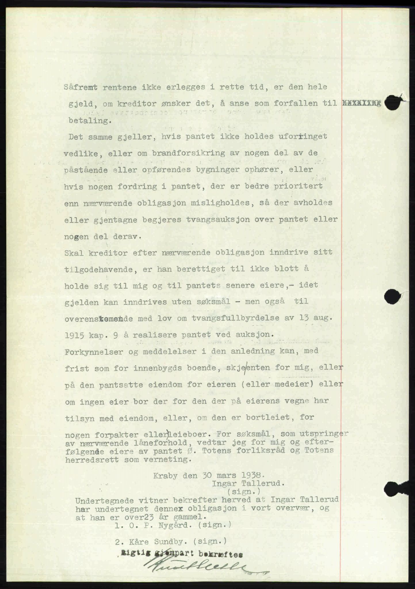 Toten tingrett, SAH/TING-006/H/Hb/Hbc/L0004: Mortgage book no. Hbc-04, 1938-1938, Diary no: : 1383/1938