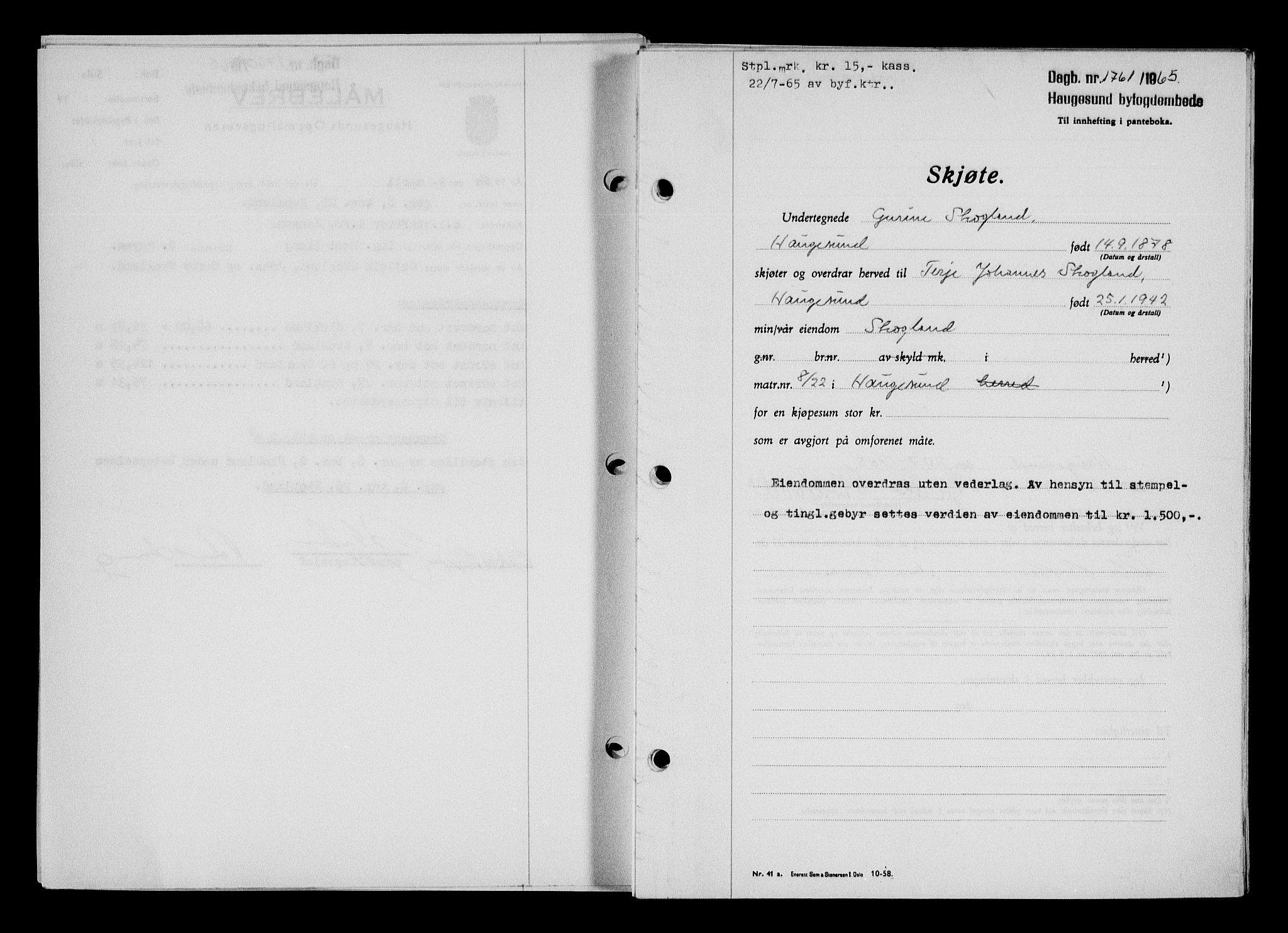 Haugesund tingrett, AV/SAST-A-101415/01/II/IIC/L0076: Mortgage book no. A 17, 1965-1966, Diary no: : 1761/1965