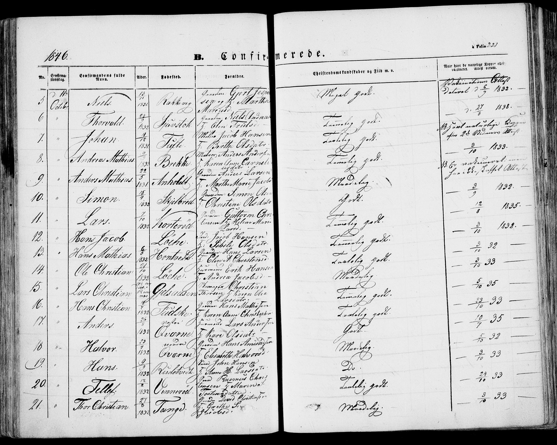 Stokke kirkebøker, AV/SAKO-A-320/F/Fa/L0007: Parish register (official) no. I 7, 1844-1857, p. 221