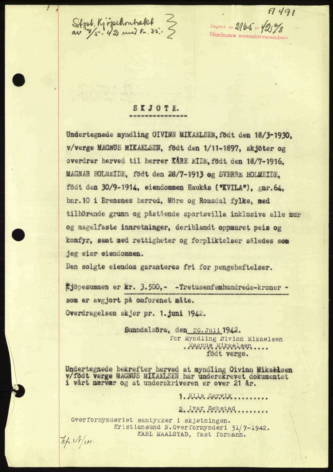 Nordmøre sorenskriveri, AV/SAT-A-4132/1/2/2Ca: Mortgage book no. A93, 1942-1942, Diary no: : 2165/1942