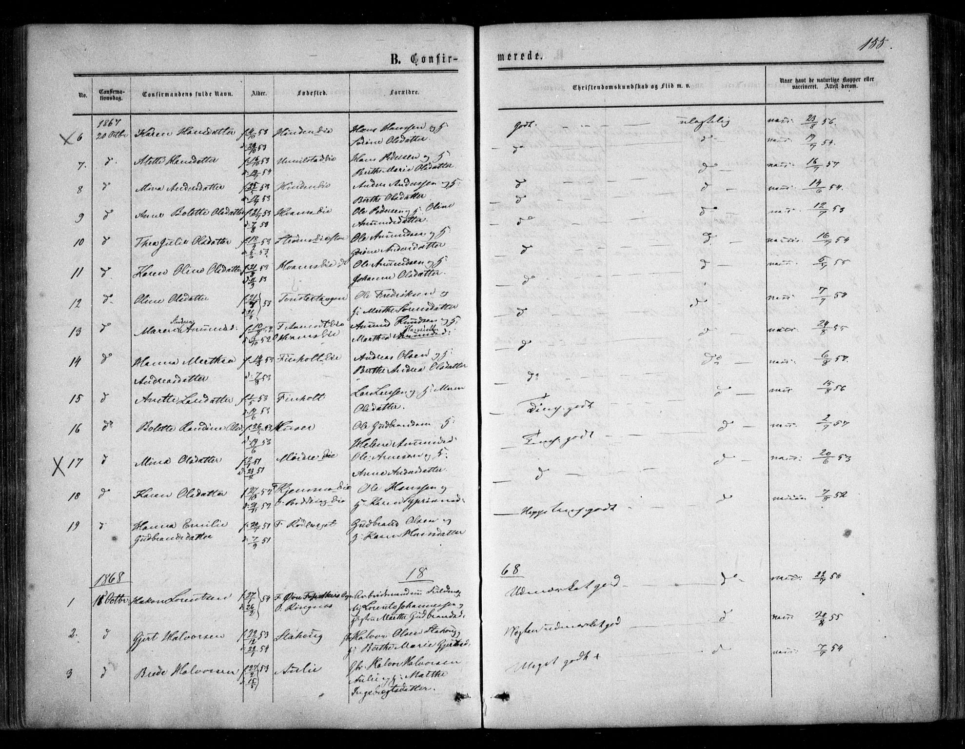 Nes prestekontor Kirkebøker, SAO/A-10410/F/Fc/L0001: Parish register (official) no. III 1, 1859-1882, p. 155