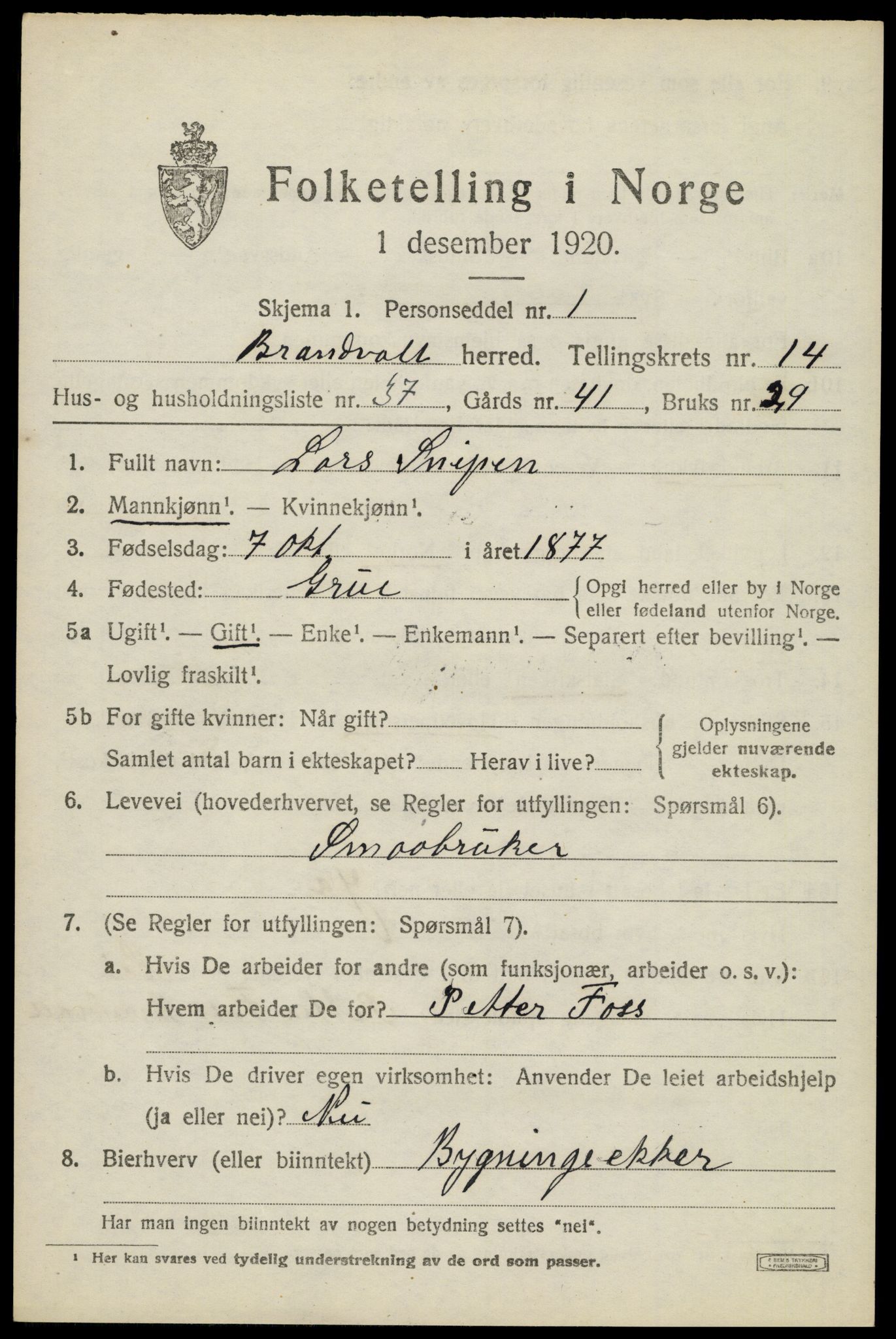 SAH, 1920 census for Brandval, 1920, p. 9912