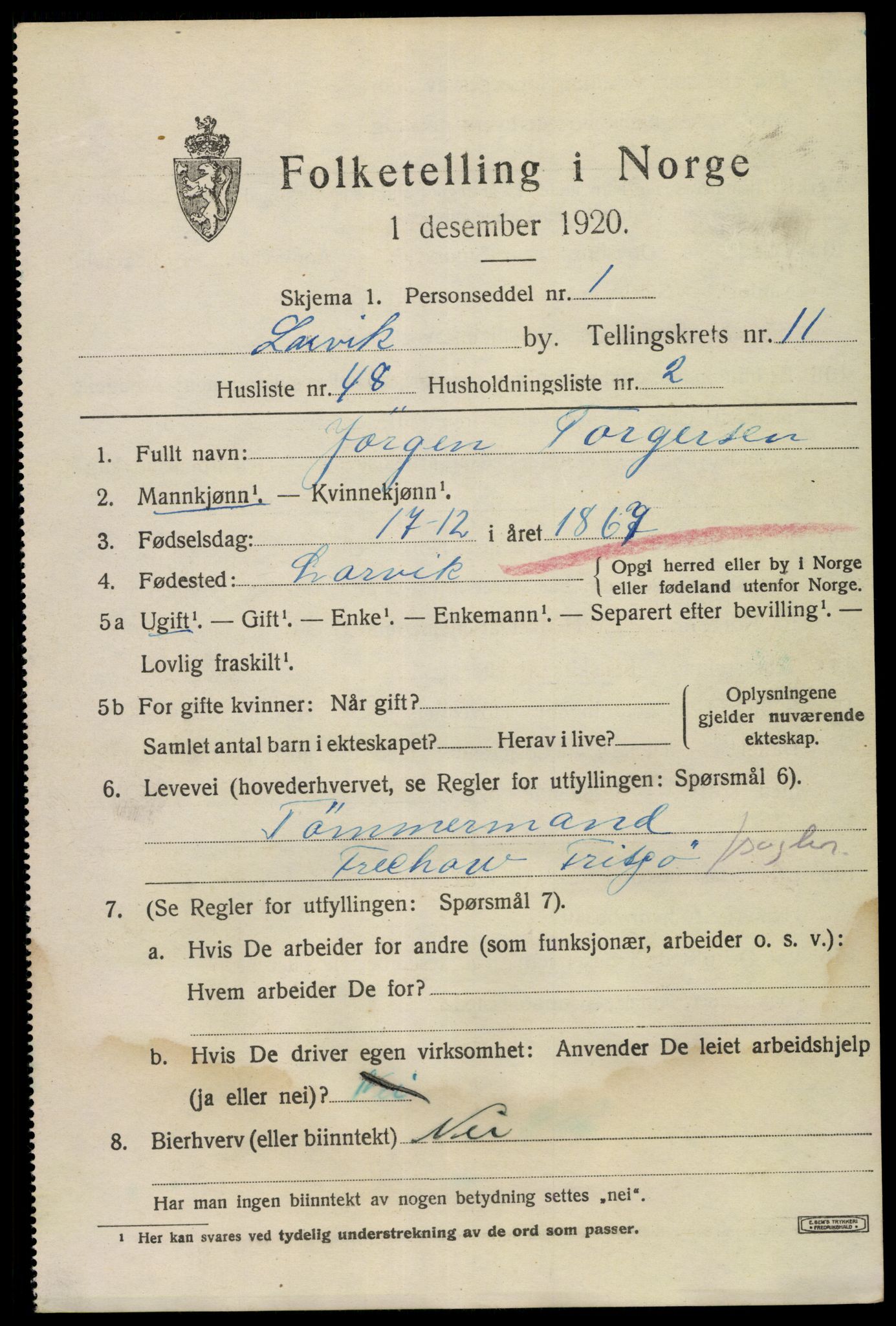 SAKO, 1920 census for Larvik, 1920, p. 29282